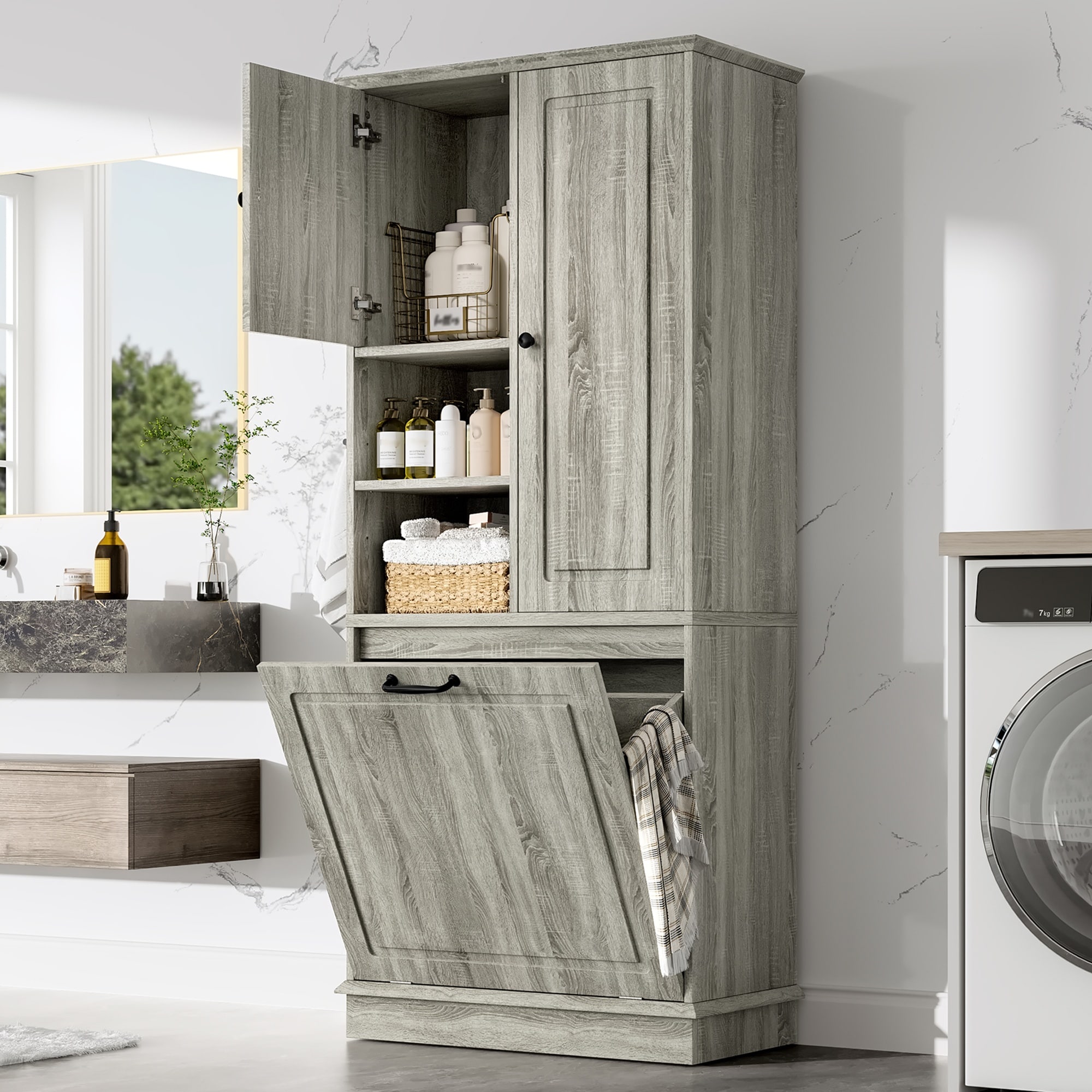 Vorene Tall Storage Cabinet with Adjustable Shelves Tilt Out Basket and Enclosed Storage MDF Cabinet with Aluminum Handles for Bathroom Living Room Office