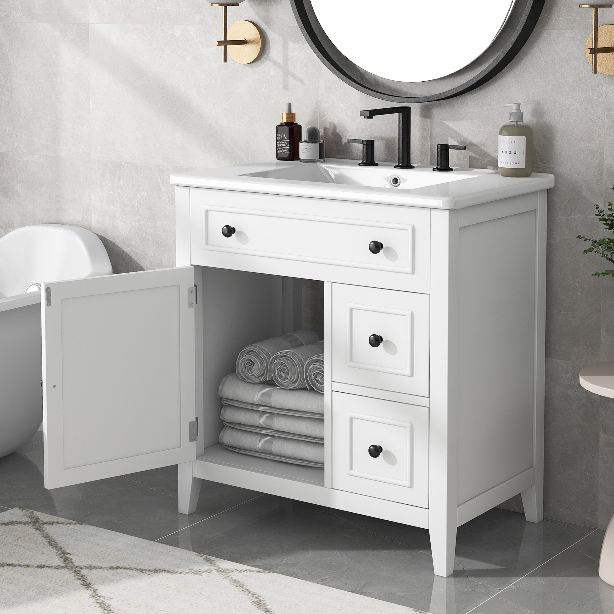 GDFStudio 329834 30 Inches Bathroom Vanity with Sink Top Bathroom Vanity Cabinet with Door and Two Drawers Solid Wood Frame One Package White