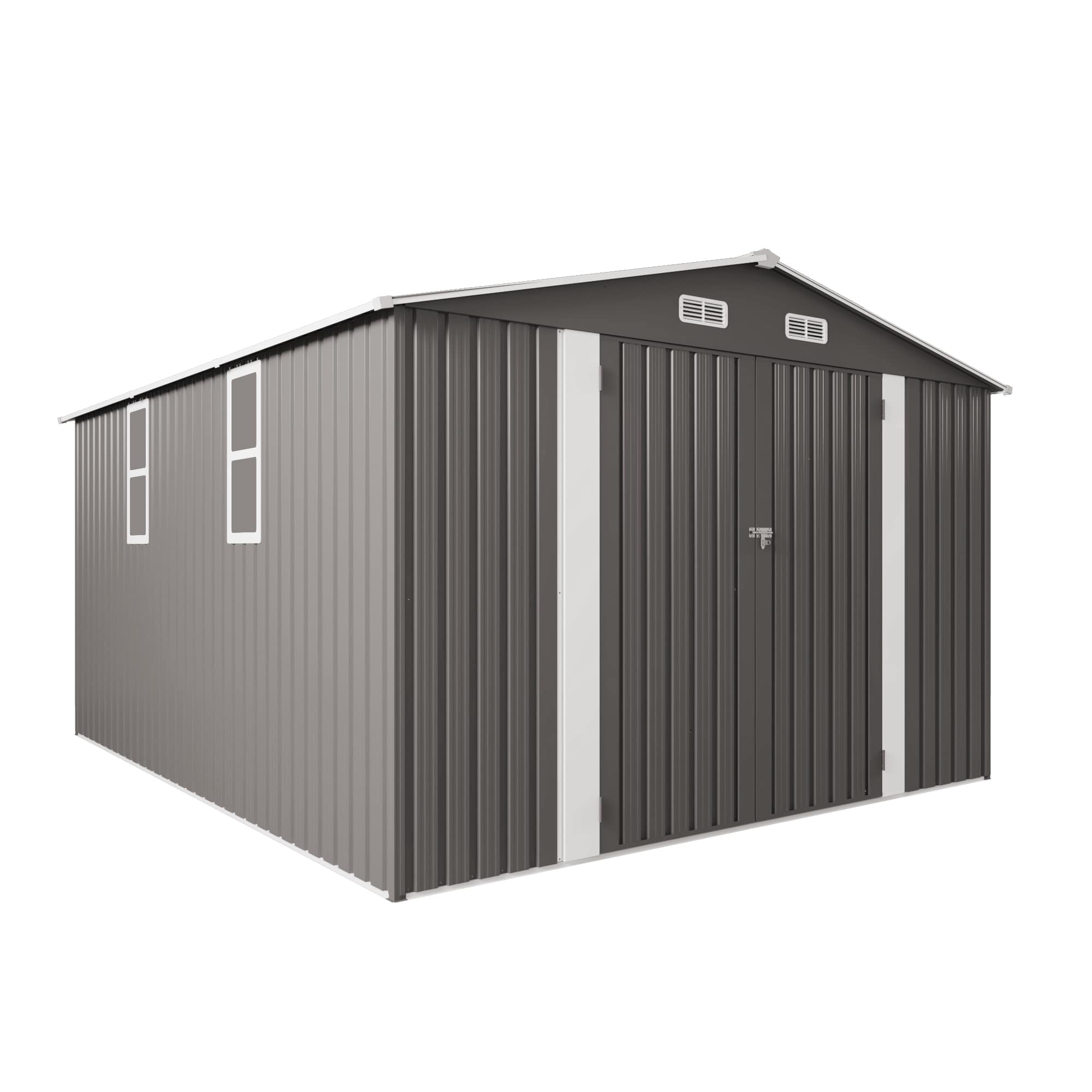 Vynxaria LESX1225-DJGJF-STD08 10x12FT Large Outdoor Metal Storage Shed  Waterproof Tool Shed with Double Door    Two Windows for Backyard Patio Poolside  Grey