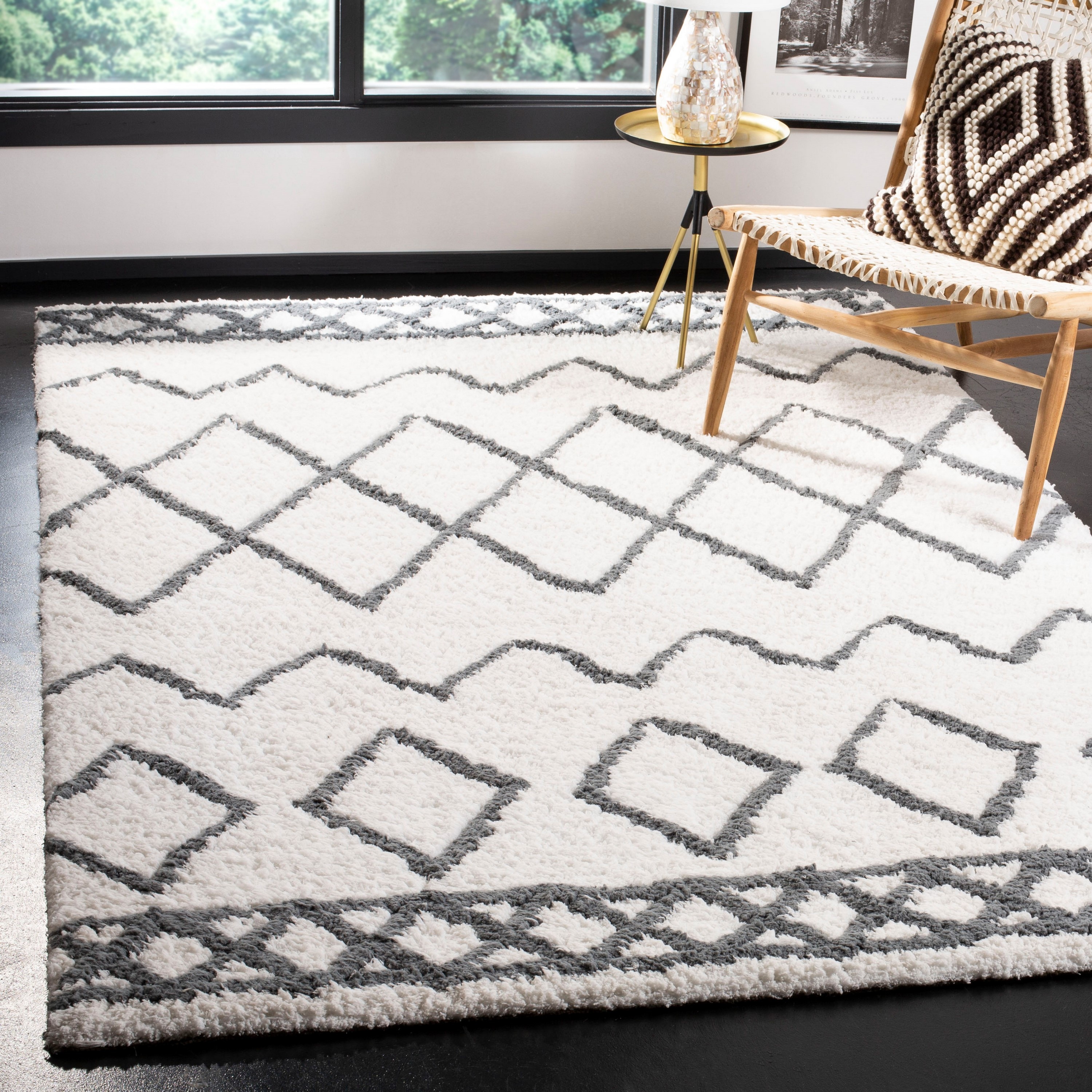 Safavieh EQS711A-3 Equinox Monika Shag 3 x 5 (ft) Tufted Polyester Cream/Gray Rectangular Indoor Geometric Moroccan Throw rug