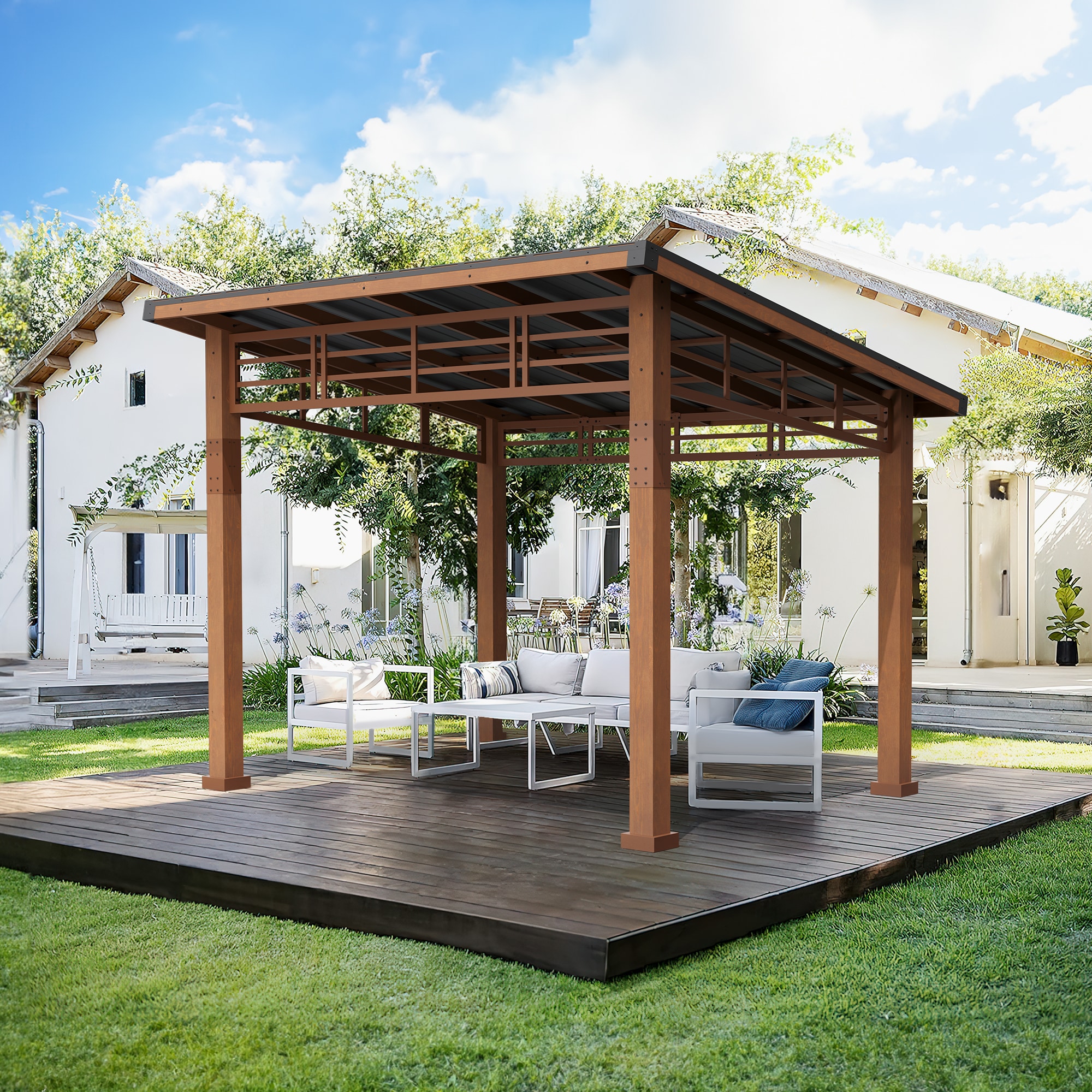 LUE BONA TL-003-2ALS 12-ft x 10-ft Light Brown Rectangle Gazebo with Hardtop Steel Roof (Screen Included)