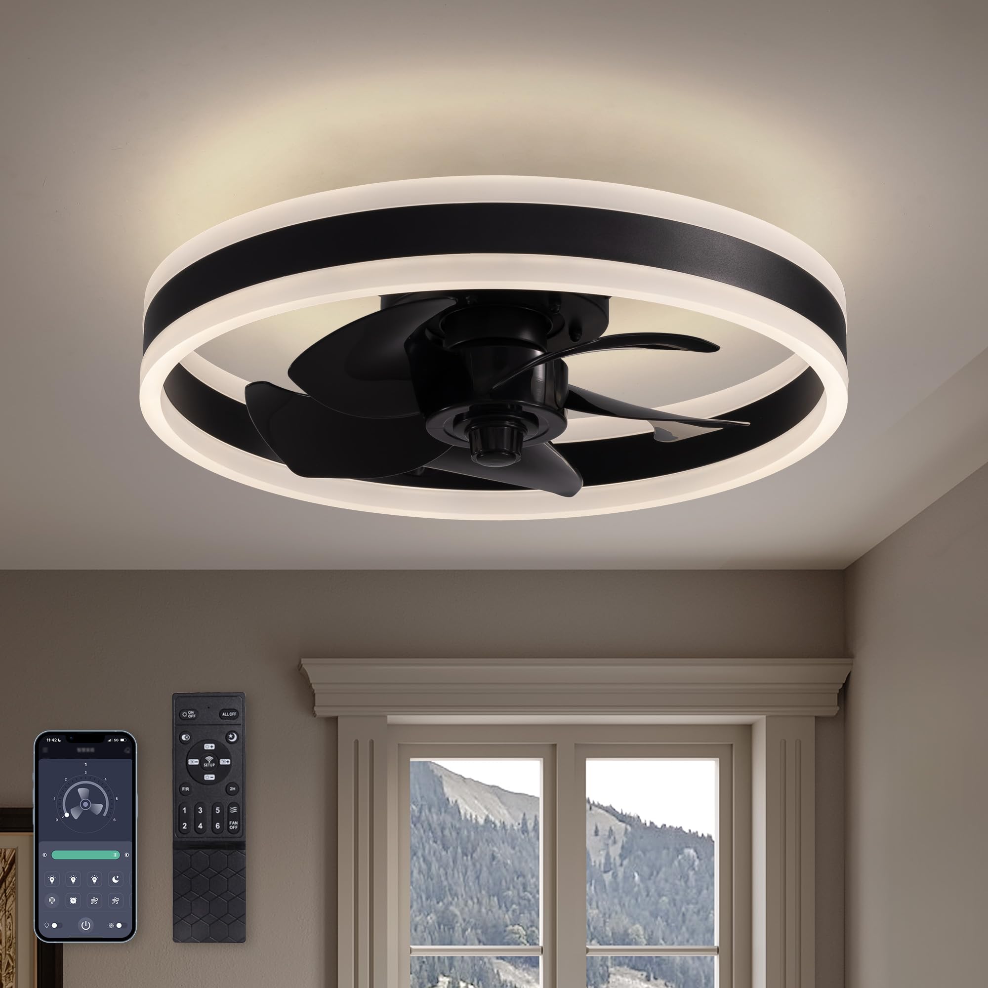 SILJOY 88623-01-MINI Flush mount Ceiling Fan with Light and Remote Control Include