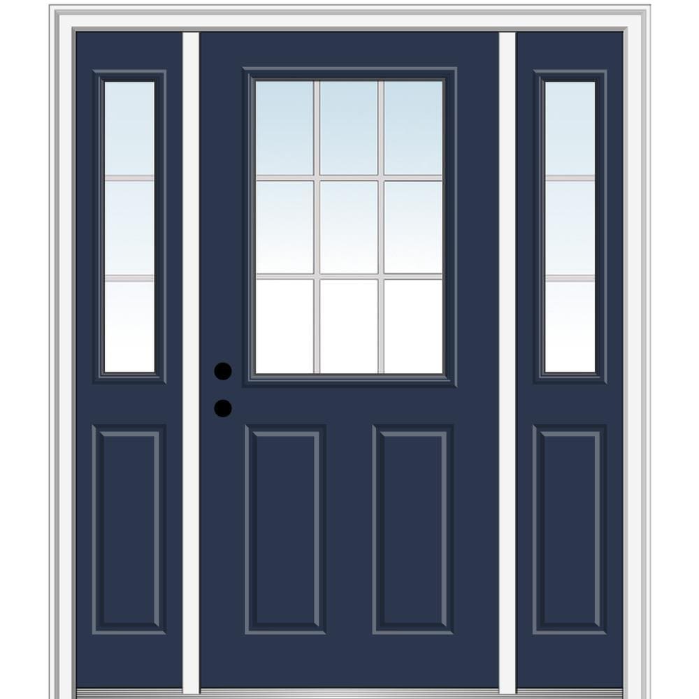 MMI DOOR ZZ11264R 64-in x 80-in x 4-9/16-in Fiberglass Half lite Right-hand inswing Naval Painted Prehung Front Door with Sidelights with Brickmould Insulating core with Grilles