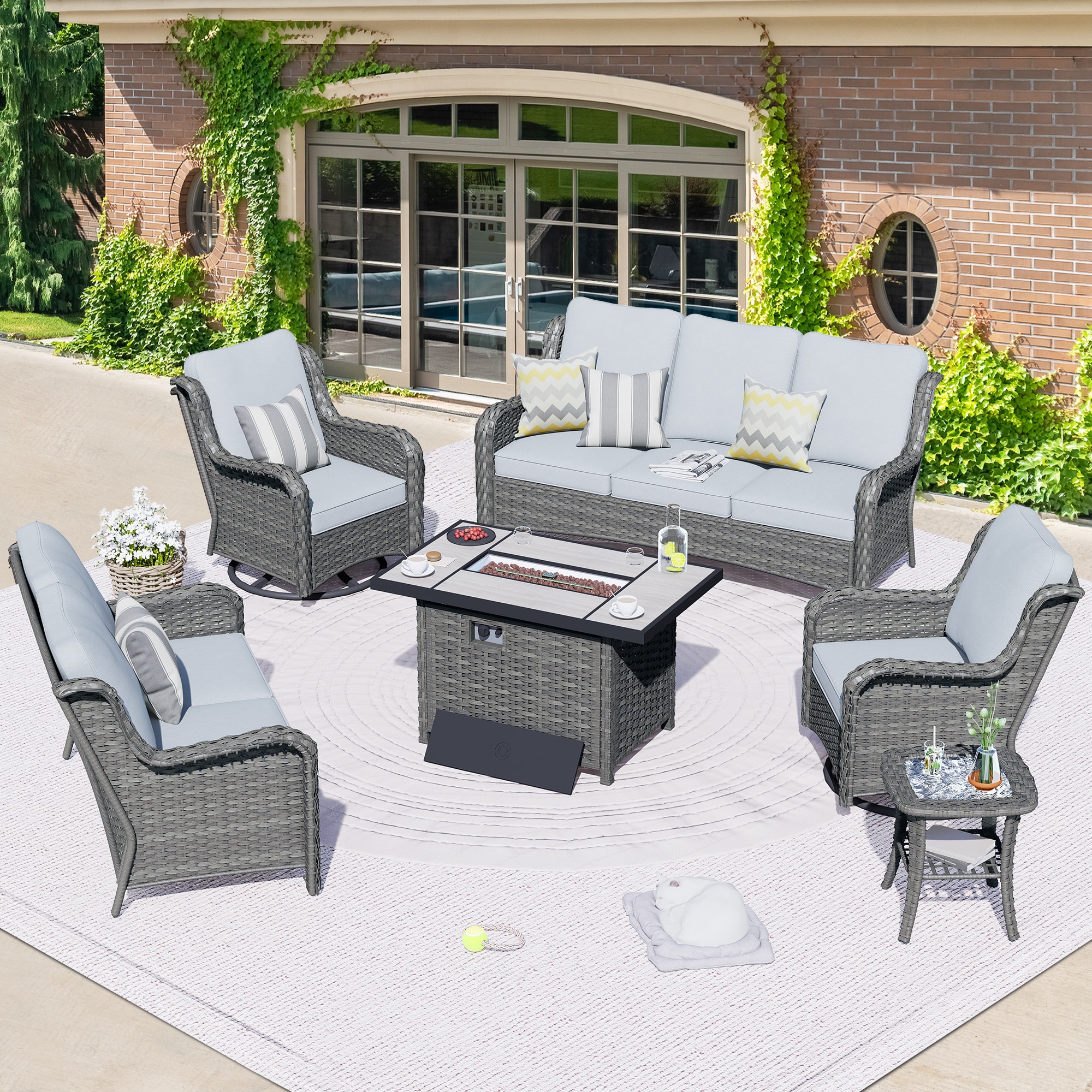 Pouuin SRFPYZGNTC405 6 -Piece Wicker Patio Sofa Conversation Set with Gray Cushions