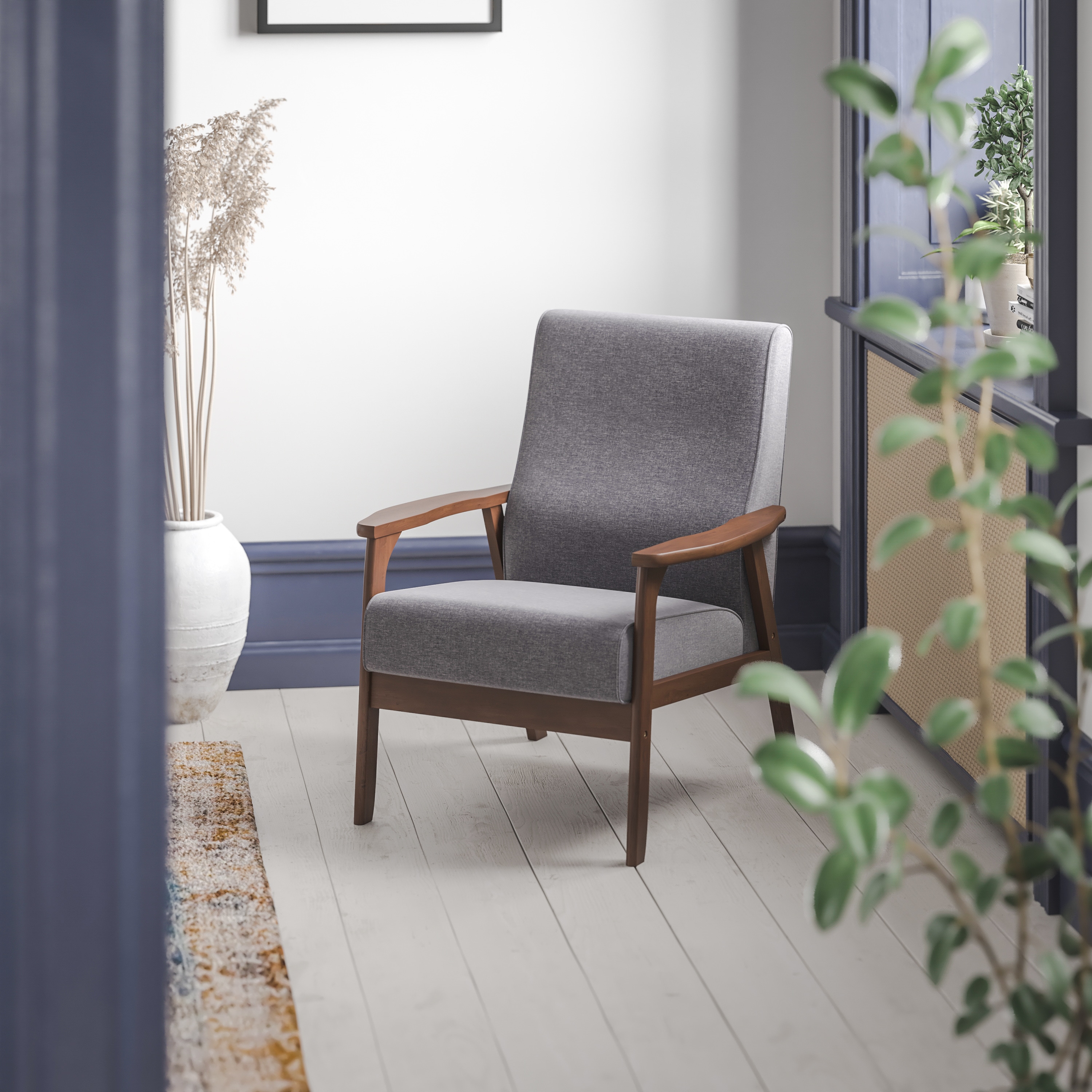 Flash Furniture 840196379098 Langston Commercial Grade Faux Linen Upholstered Mid Century Modern Arm Chair with Walnut Finished Wooden Frame and Arms in Gray