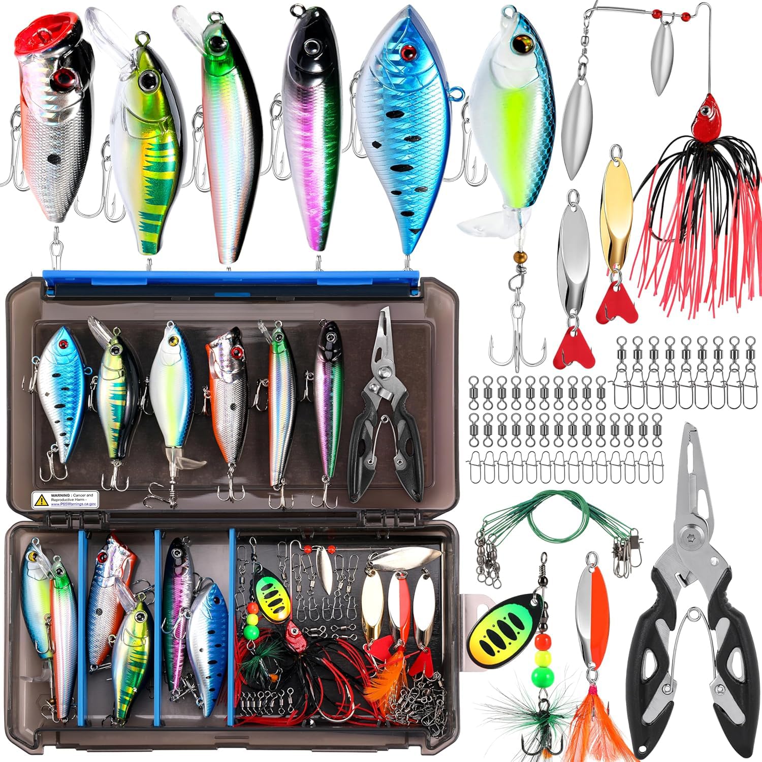 AKSCYZM Fishing Lures Kit for Bass Trout Saltwater Freshwater with Tackle Box Topwater Lures Spinnerbaits Hooks Fishing Pliers Accessories Gift
