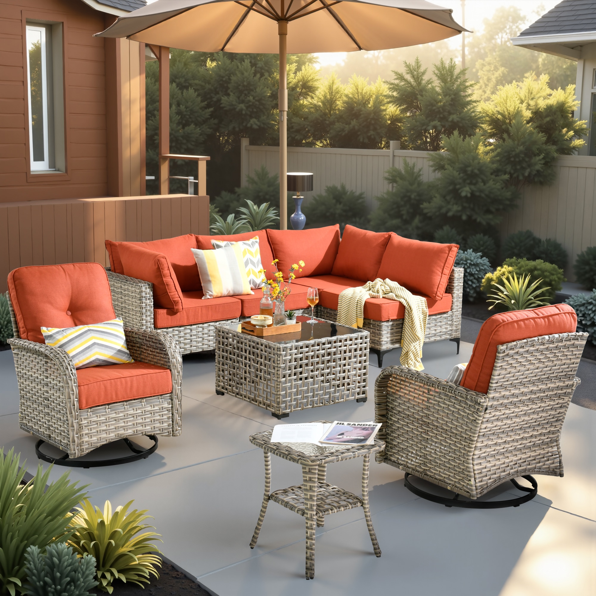 weaxty DSCRRSYZVNC808 Lotus Wicker Outdoor Sectional with Orange Cushions and Steel Frame