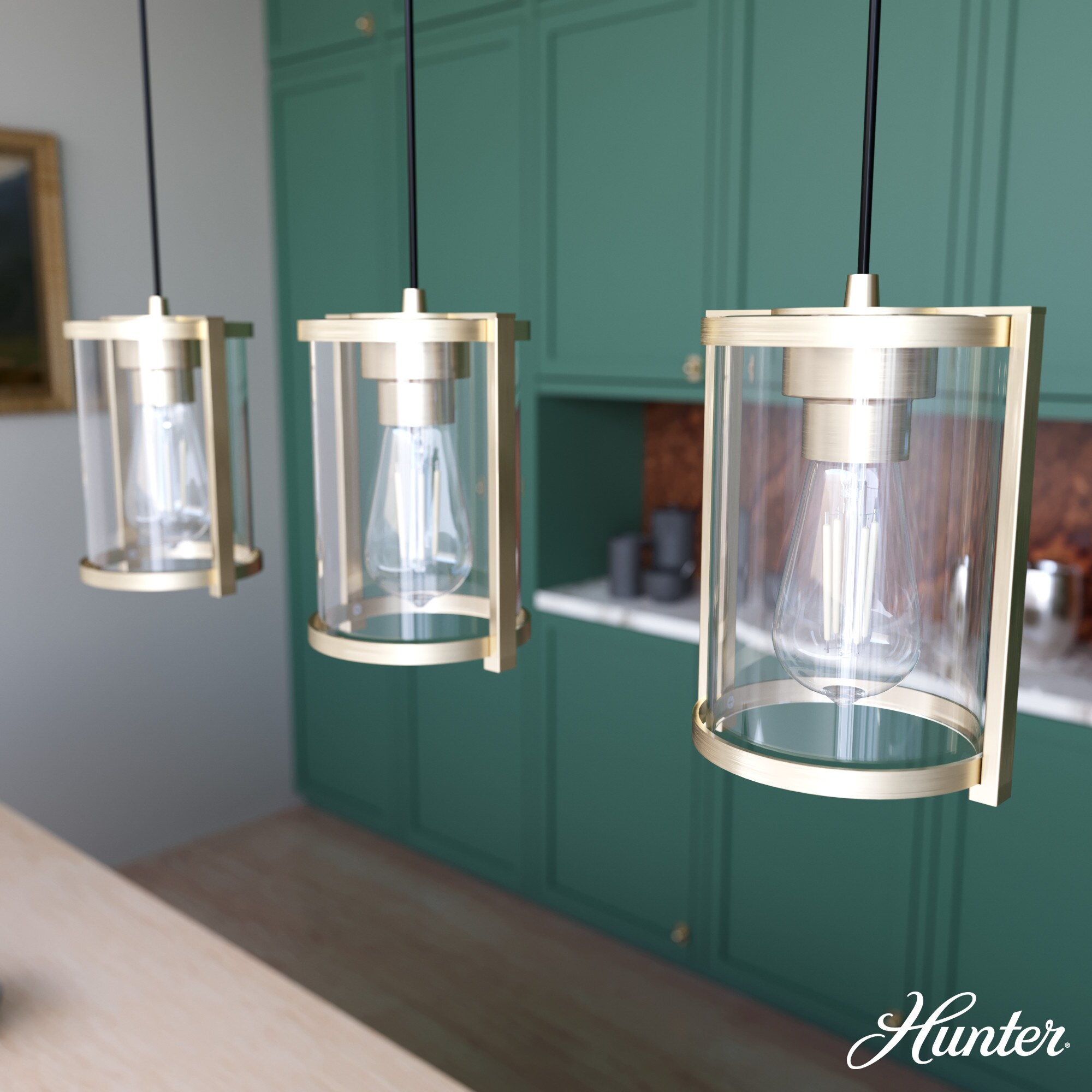 Hunter Van Nuys 3-Light Alturas Gold Transitional Clear Glass Linear LED Mini Hanging