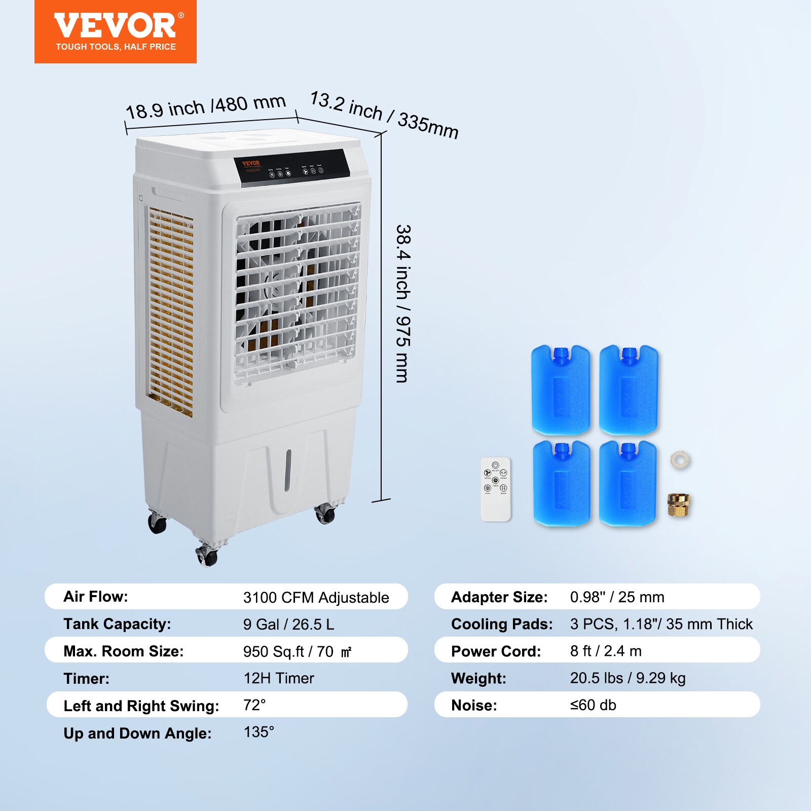 VEVOR 3100-CFM 3-Speed Indoor/Outdoor Portable Evaporative Cooler