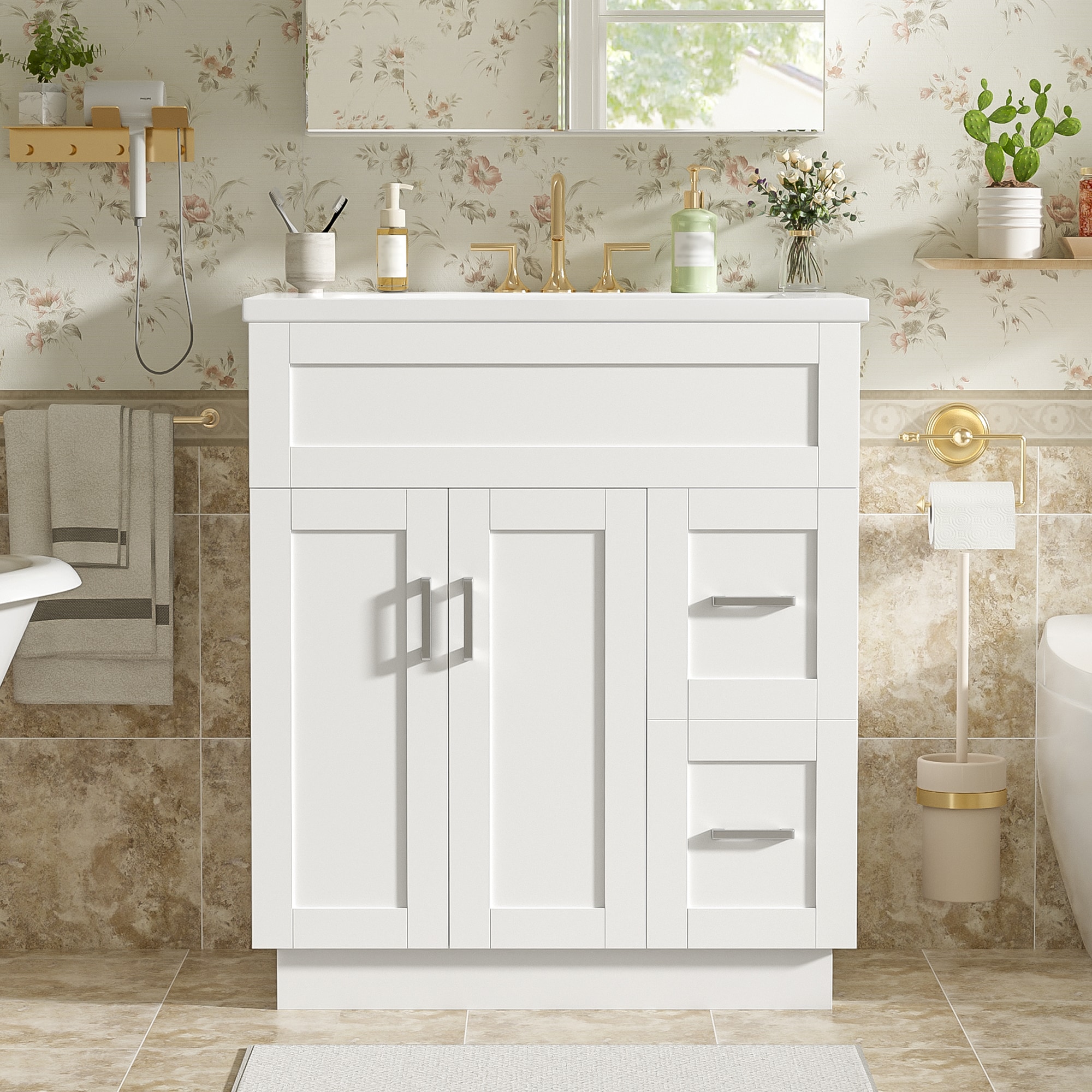 LOVMOR  30 Inch Bathroom Vanity with 2 Doors 2 Drawers Adjustable Shelf Hidden Damping Slides for Drawers and Damping Hinges for Doors