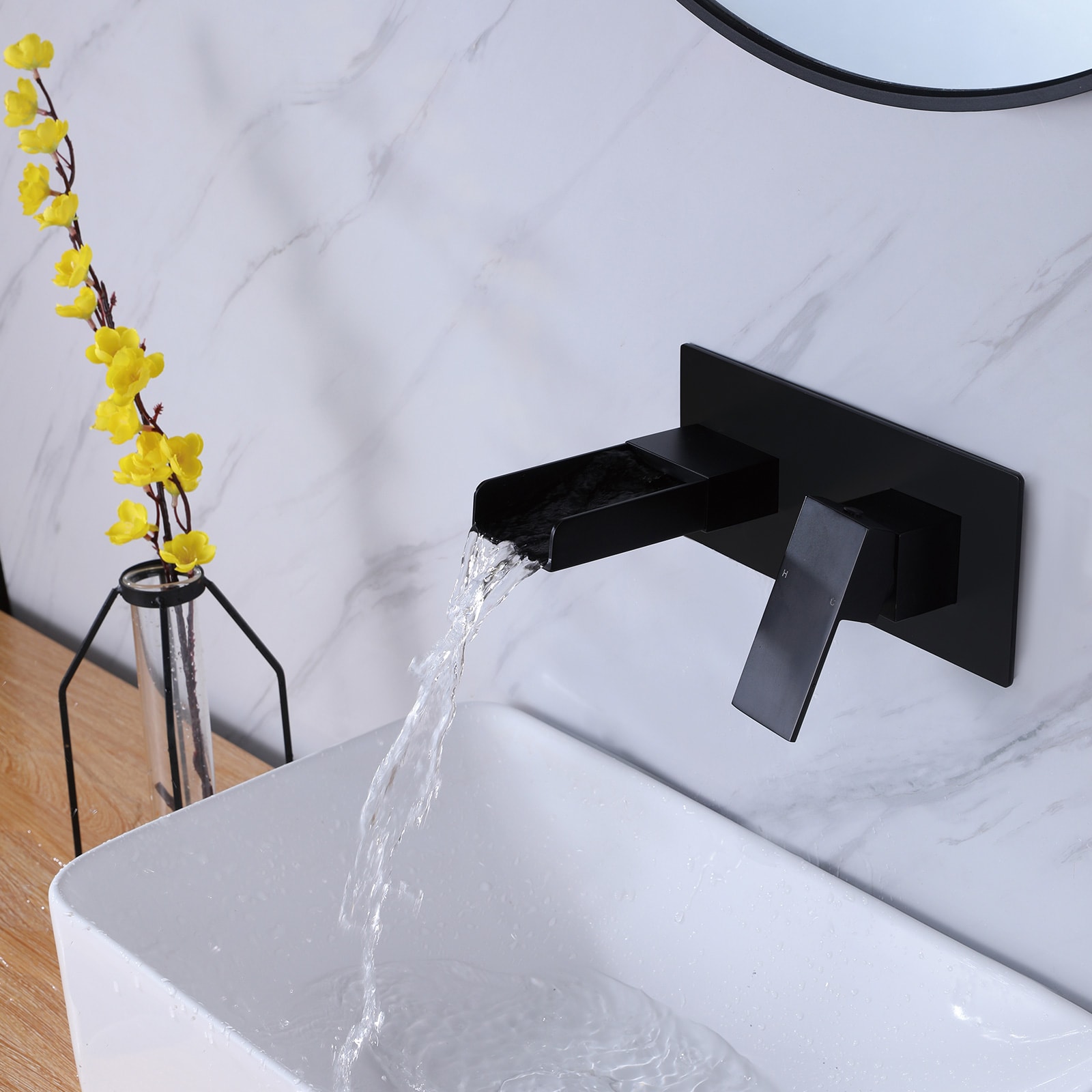 Matte Black Wall-Mount Single-Handle Waterfall Bathroom Faucet