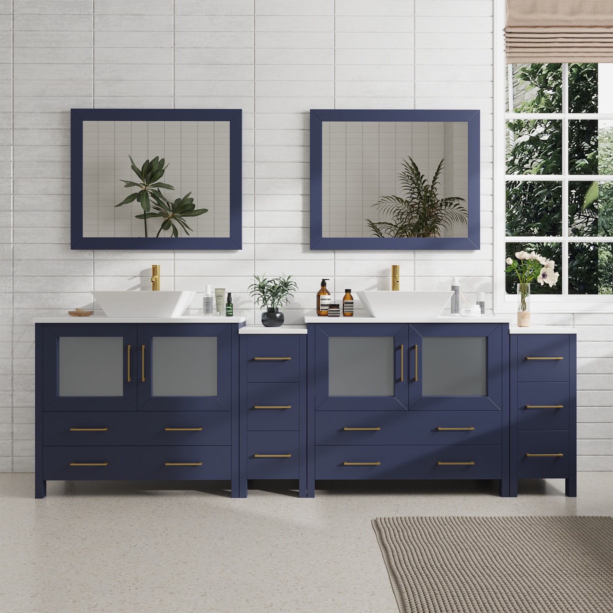 Vanity Art VA3136-96B Ravenna 95-in Blue Double sink Bathroom Vanity with White Engineered marble Top (Mirror Included)