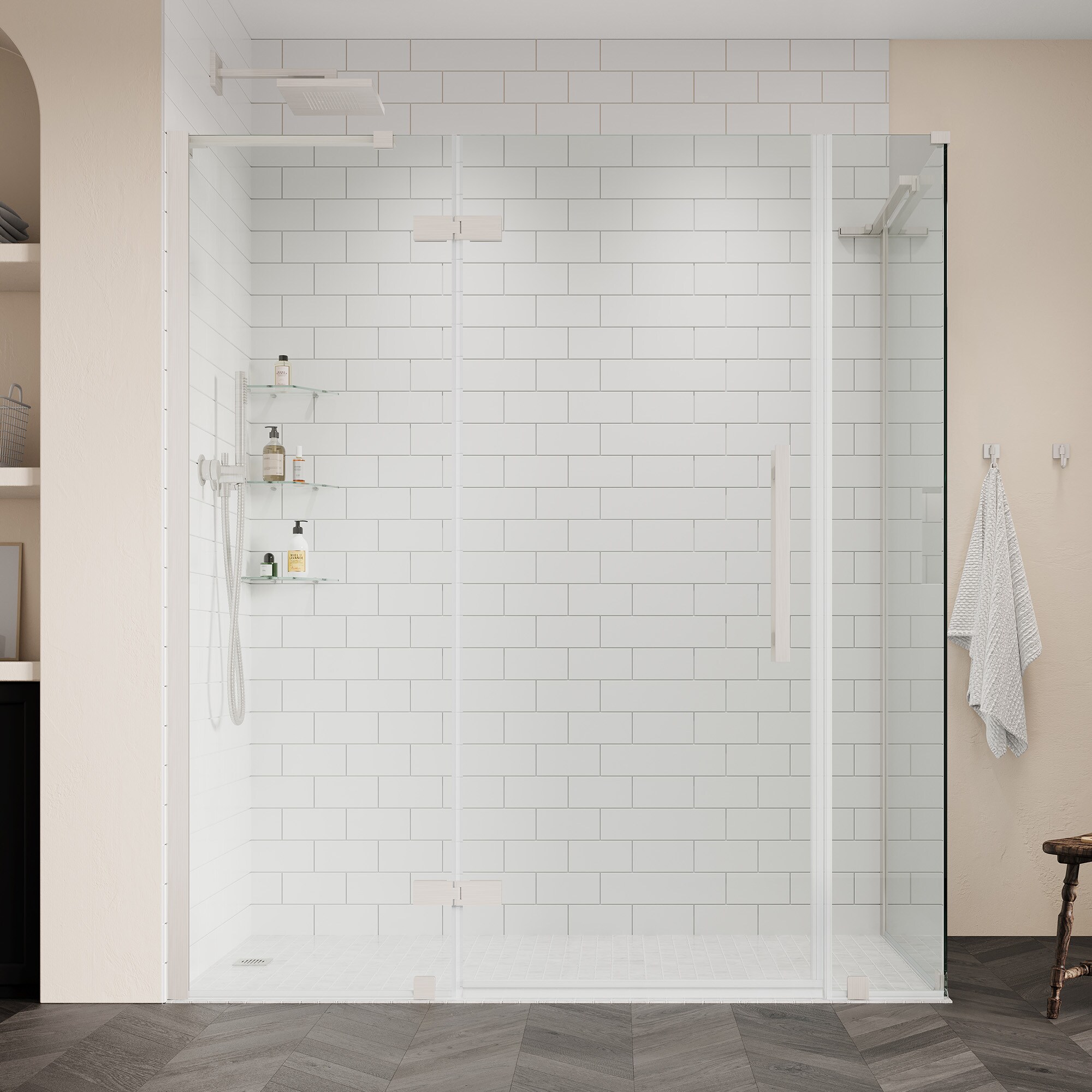 Tampa Nickel Frameless Corner Shower Kit with Glass Panels and Shelves