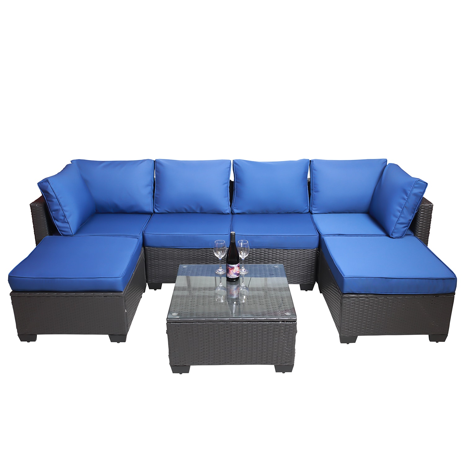 SINOFURN SYA990014BG Wicker Outdoor Sectional with Blue Cushions and Wicker Frame