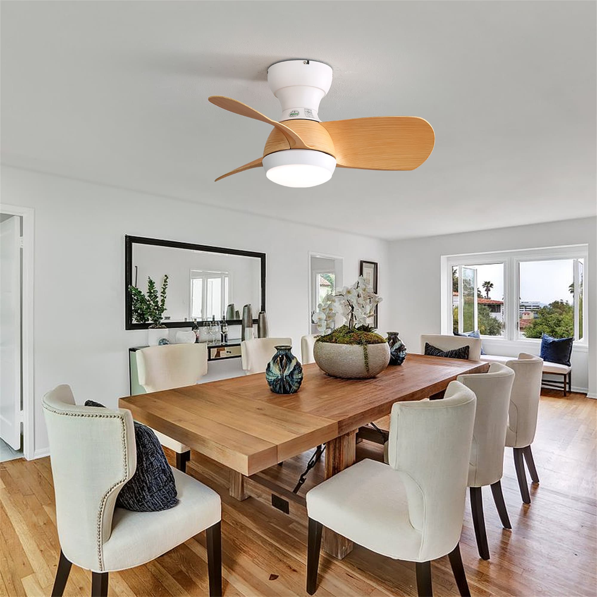 BABOOM BOM-P264720-OR Modern Ceiling Fan With LED LIGHT 23-in Color-Changing Integrated LED Outdoor Flush Mount White with ABS Blades Ceiling Fan With Light - Remote Included ( 3 -Blade )