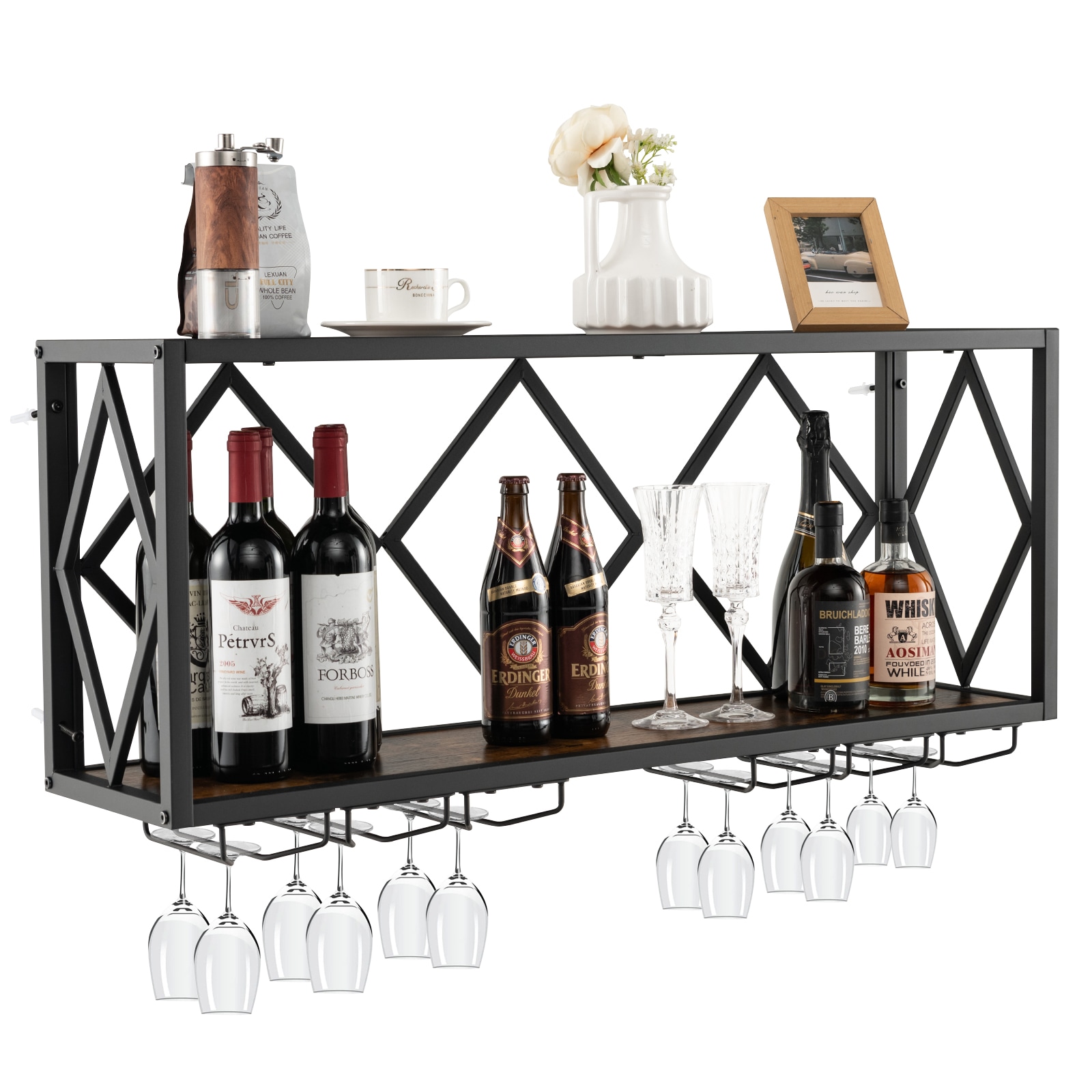 Slickblue 39-Bottle Rustic Brown and Black Metal Engineered Wood Wall-Mounted Wine Rack and Stemware Storage for Kitchen Dining Room and Bar