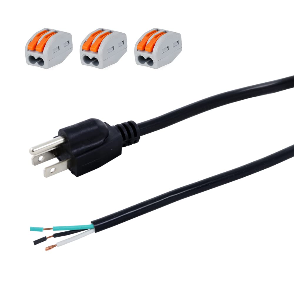 Anqtovp  12 Foot 18AWG Power Cord Pigtail 3 Prong Open Wiring End Heavy Duty SJT Replacement Power Cable with NEMA 5-15P Male Plug 10 Amp 1200