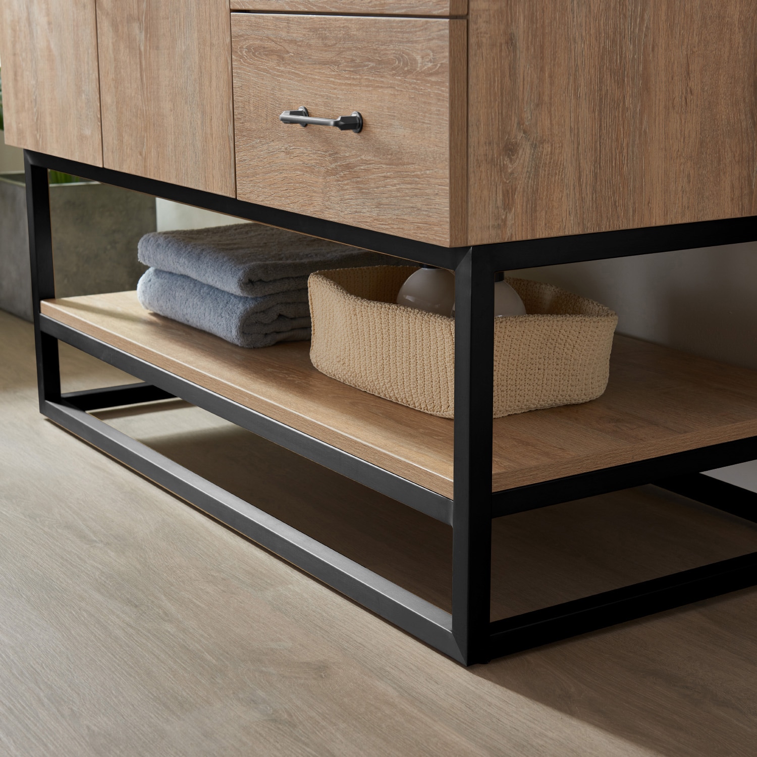 42 Inch Oak Single Vanity with White Stone Top and Matte Black Frame