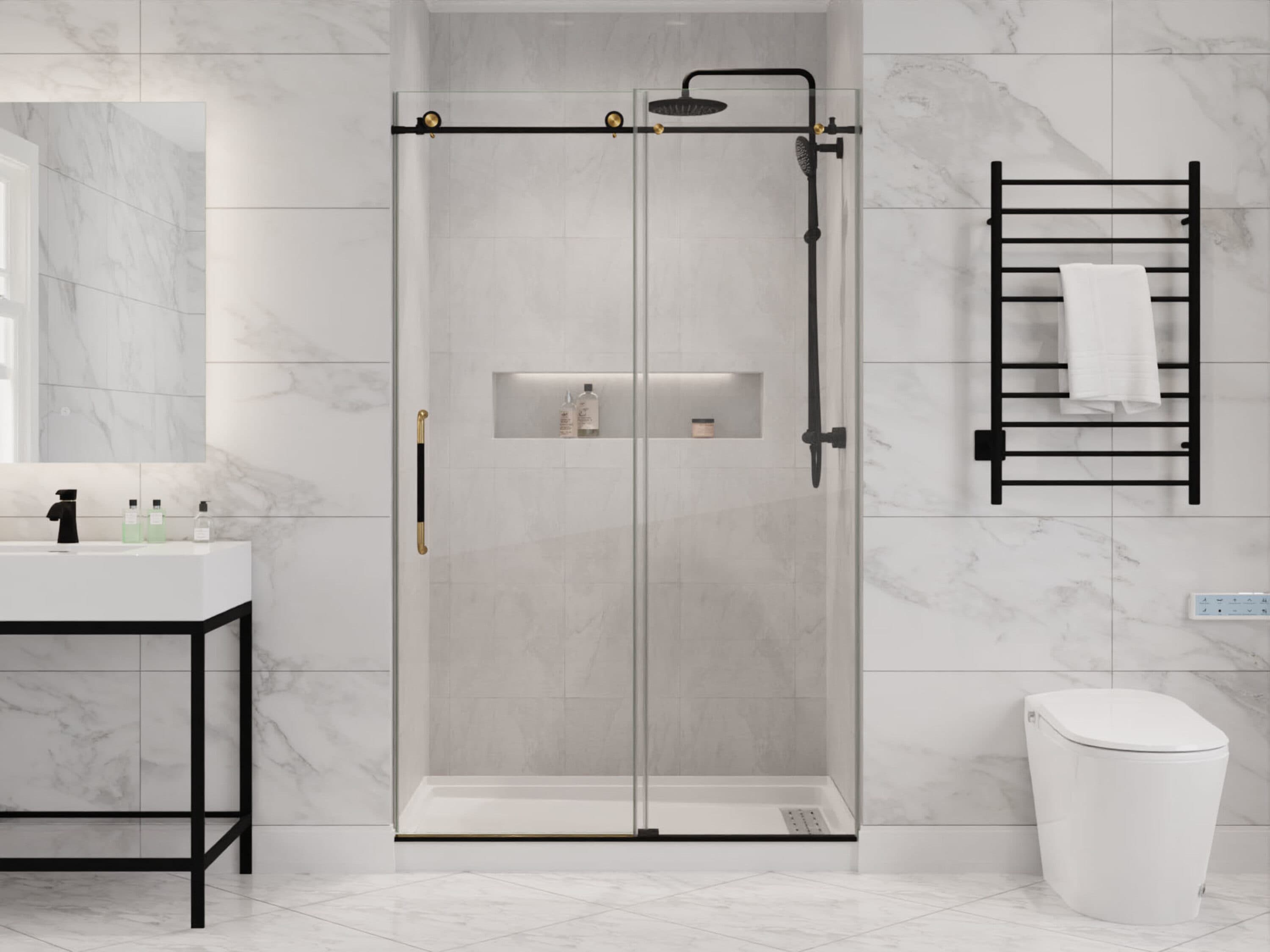 ANZZI SD-AZ13-01MBBG Madam Matte Black Brushed Gold 48-in W x 76-in H Frameless Sliding Shower door 3/8-in Thick Clear Glass
