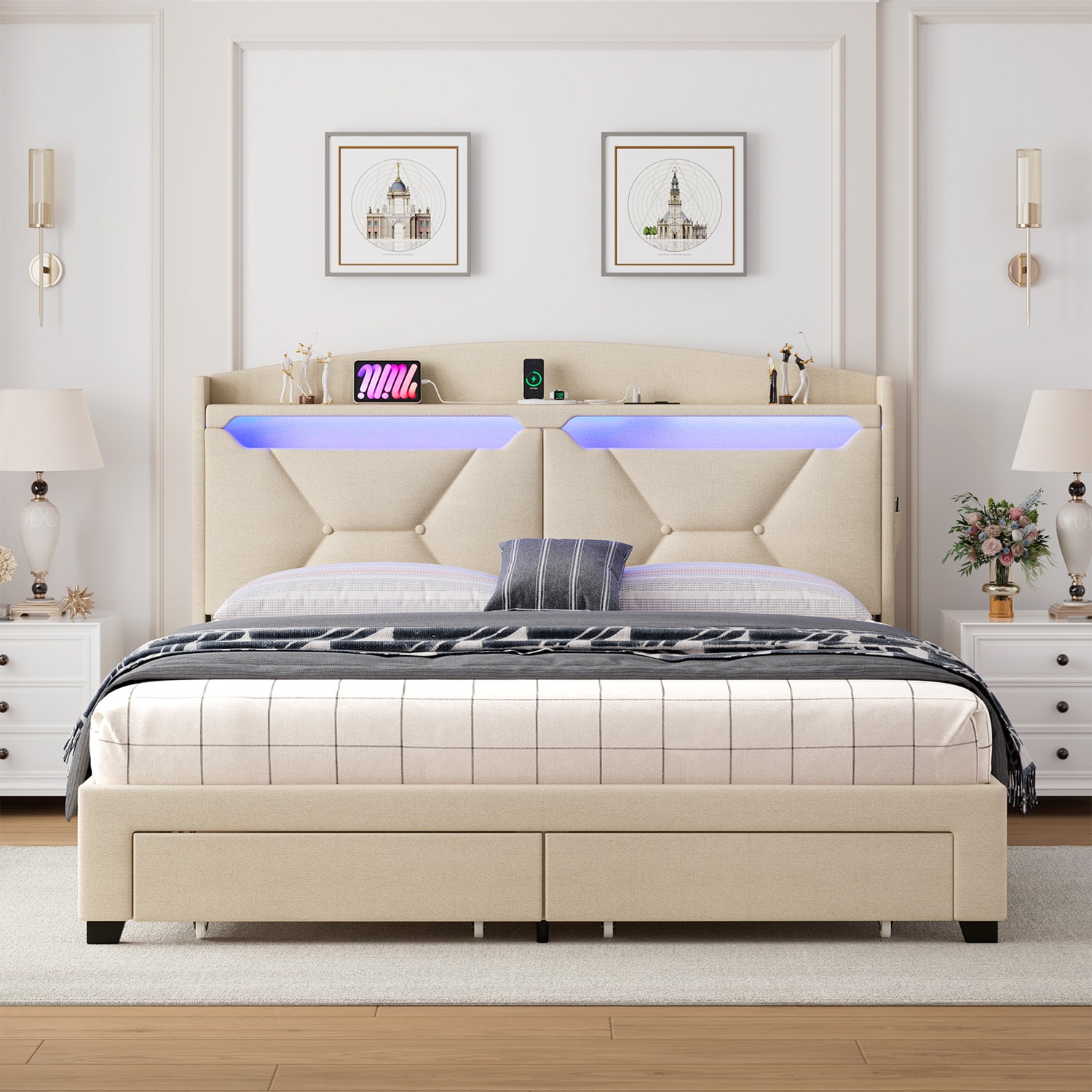 Mondawe MO-B14419A Beige Queen Wood Platform Bed with Storage