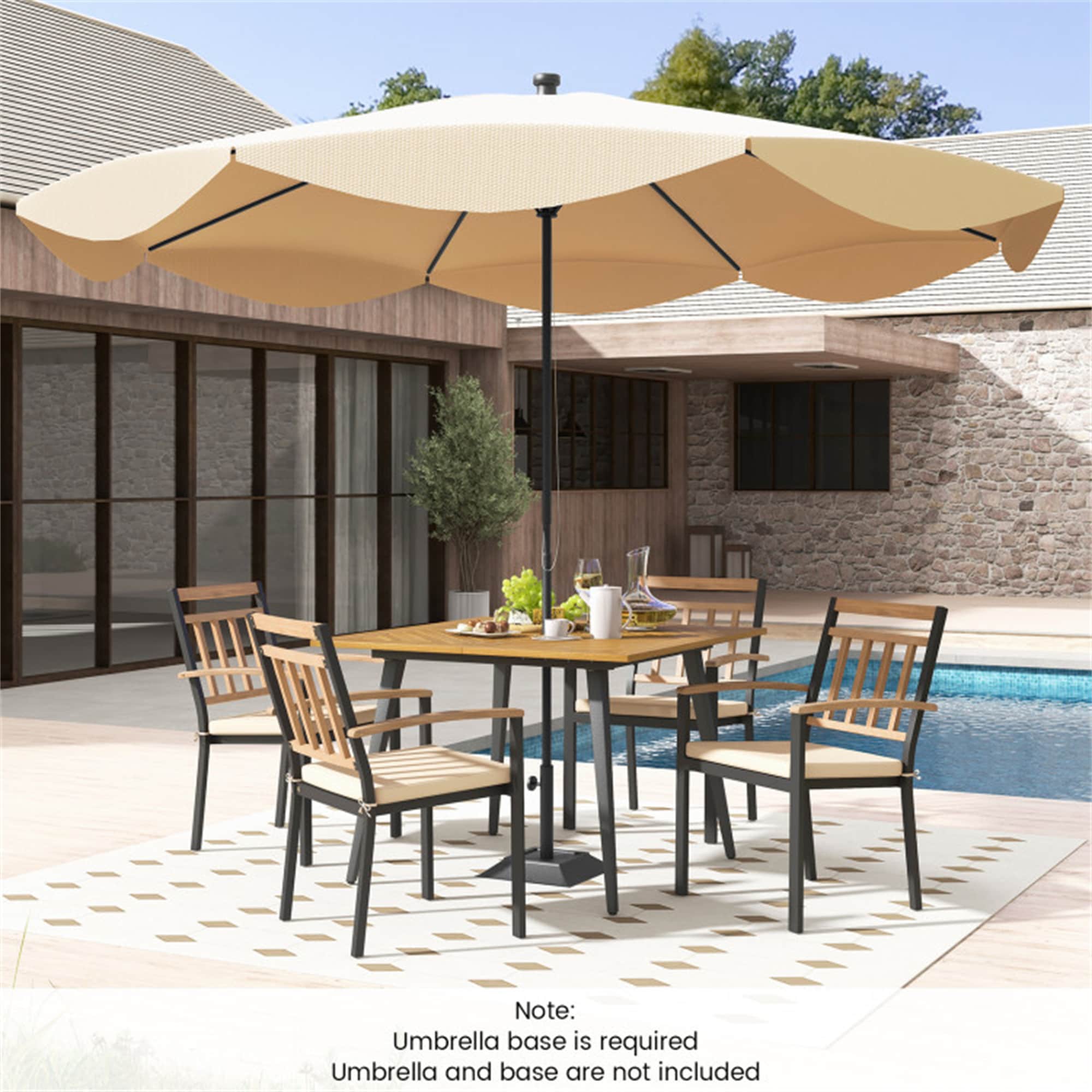 BABOOM BOM-216AAE-OR Outdoor Patio wood dining Set 5 -Piece Black and Brown Patio Dining Set Wood Square Table with 4 Off-white Cushions Stationary Chairs