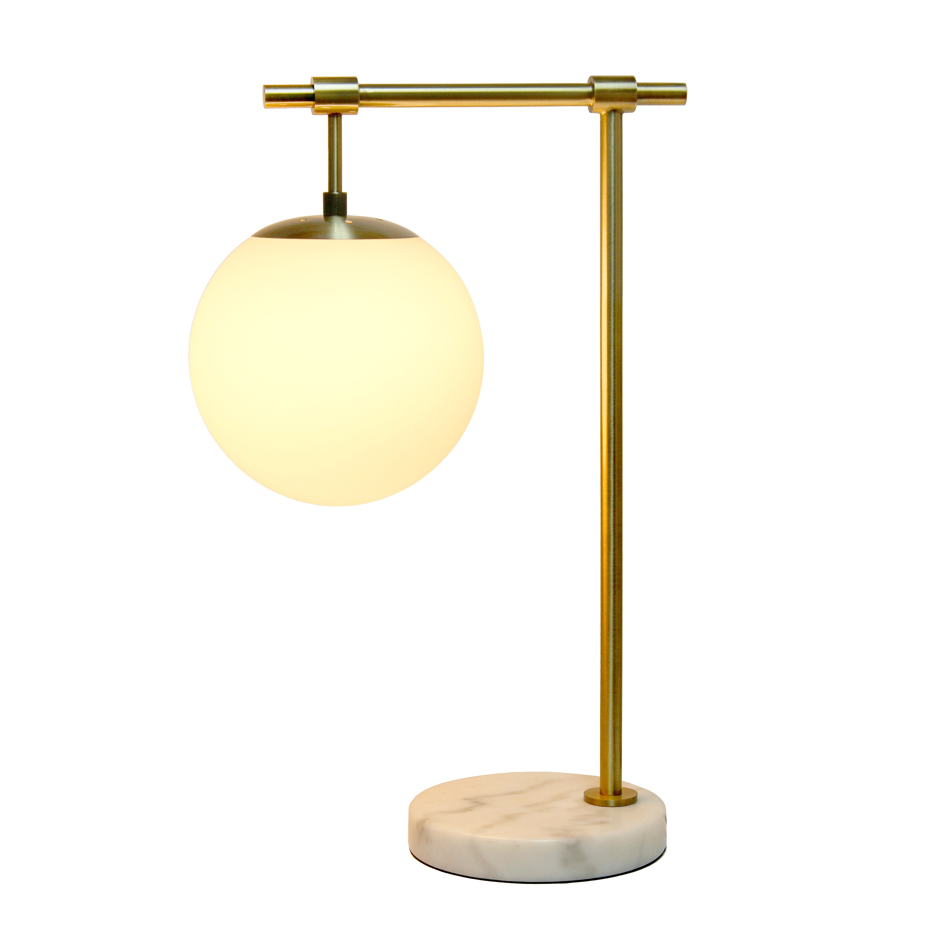 21" White Globe Shade Table Lamp with Marble Base and Brass Arm