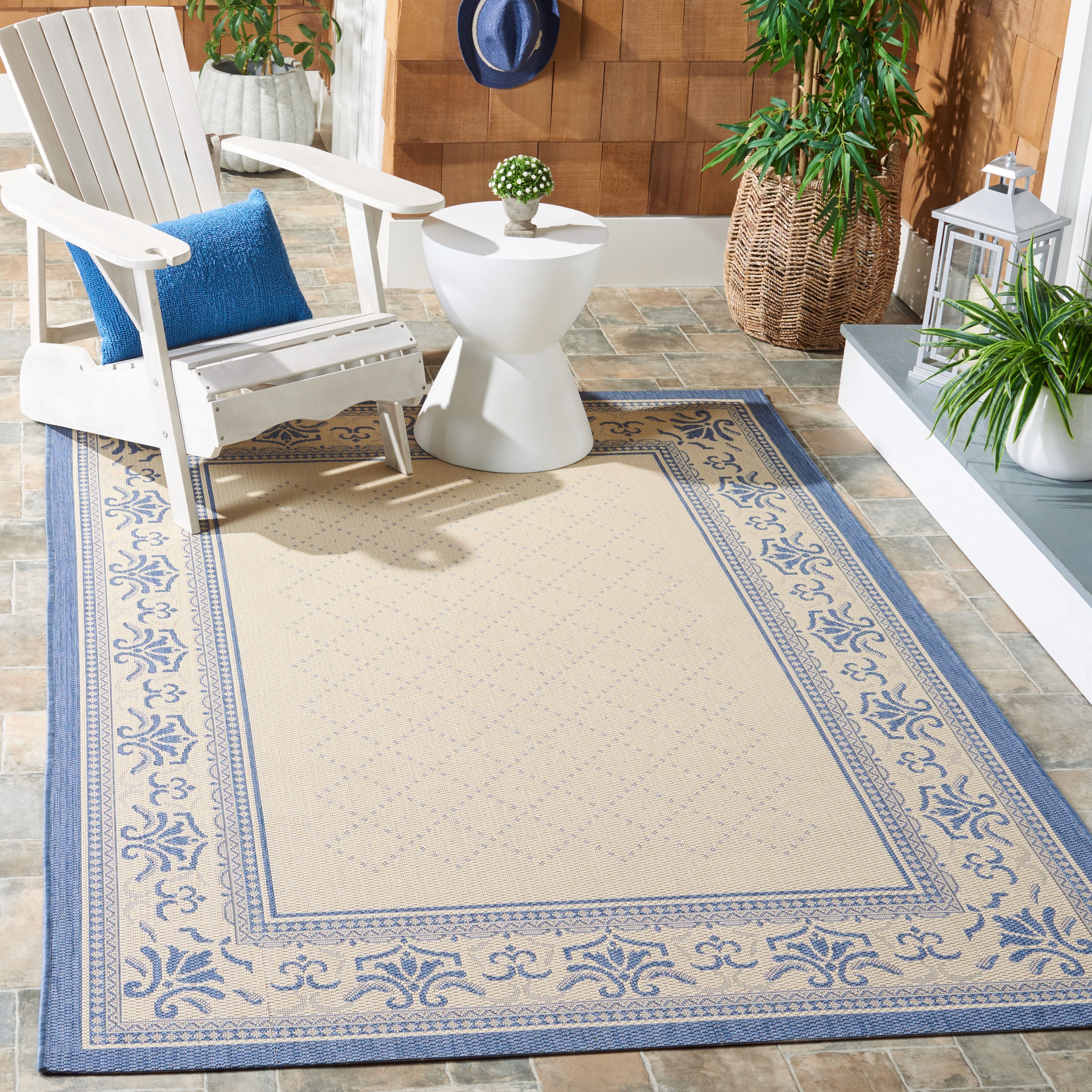 Safavieh CY0901-3101-9 Courtyard Trellis Vine 9 x 12 (ft) Loomed Polypropylene Natural/Blue Rectangular Indoor/Outdoor Border Area rug