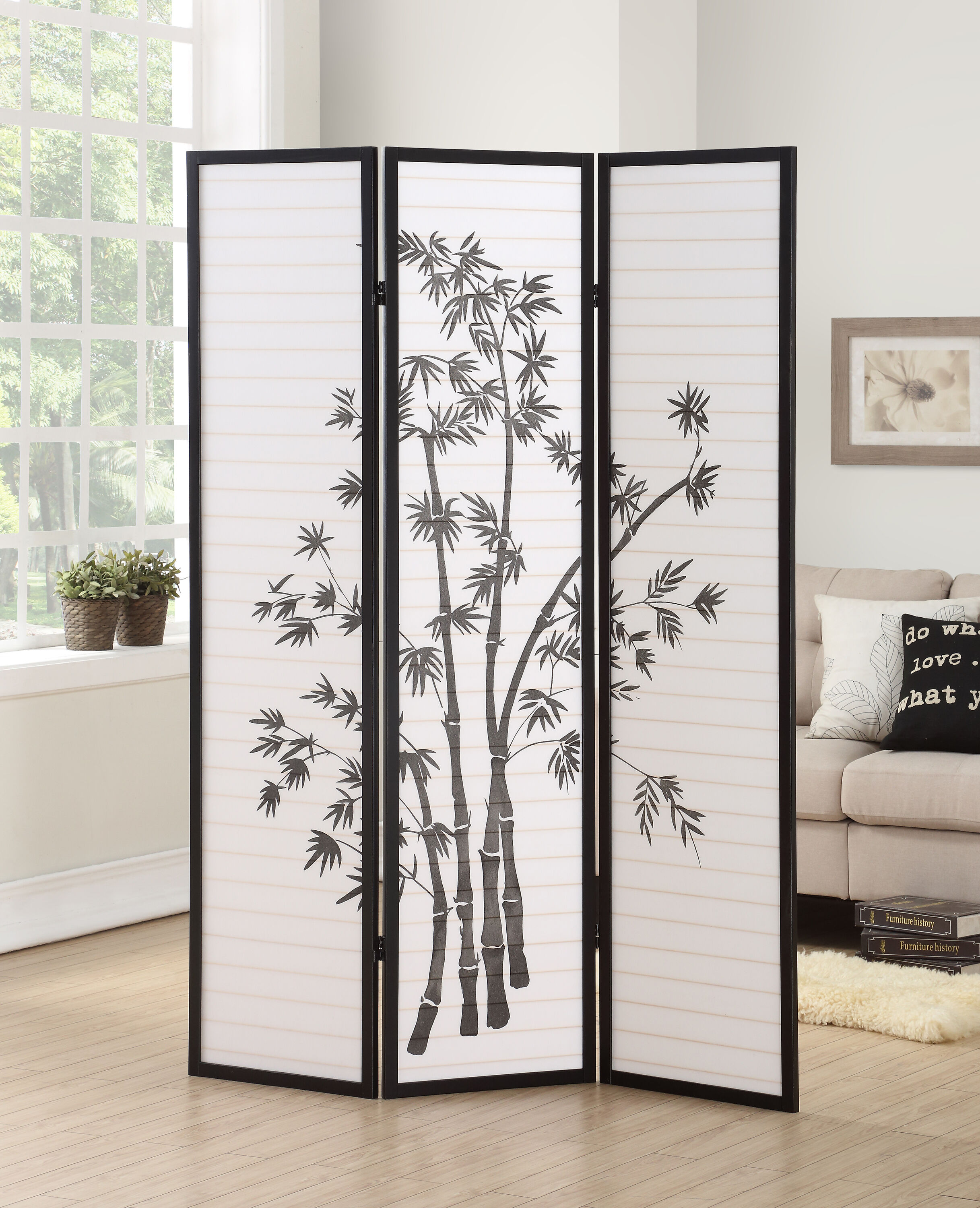 Black 3-Panel Shoji Room Divider with Bamboo Print