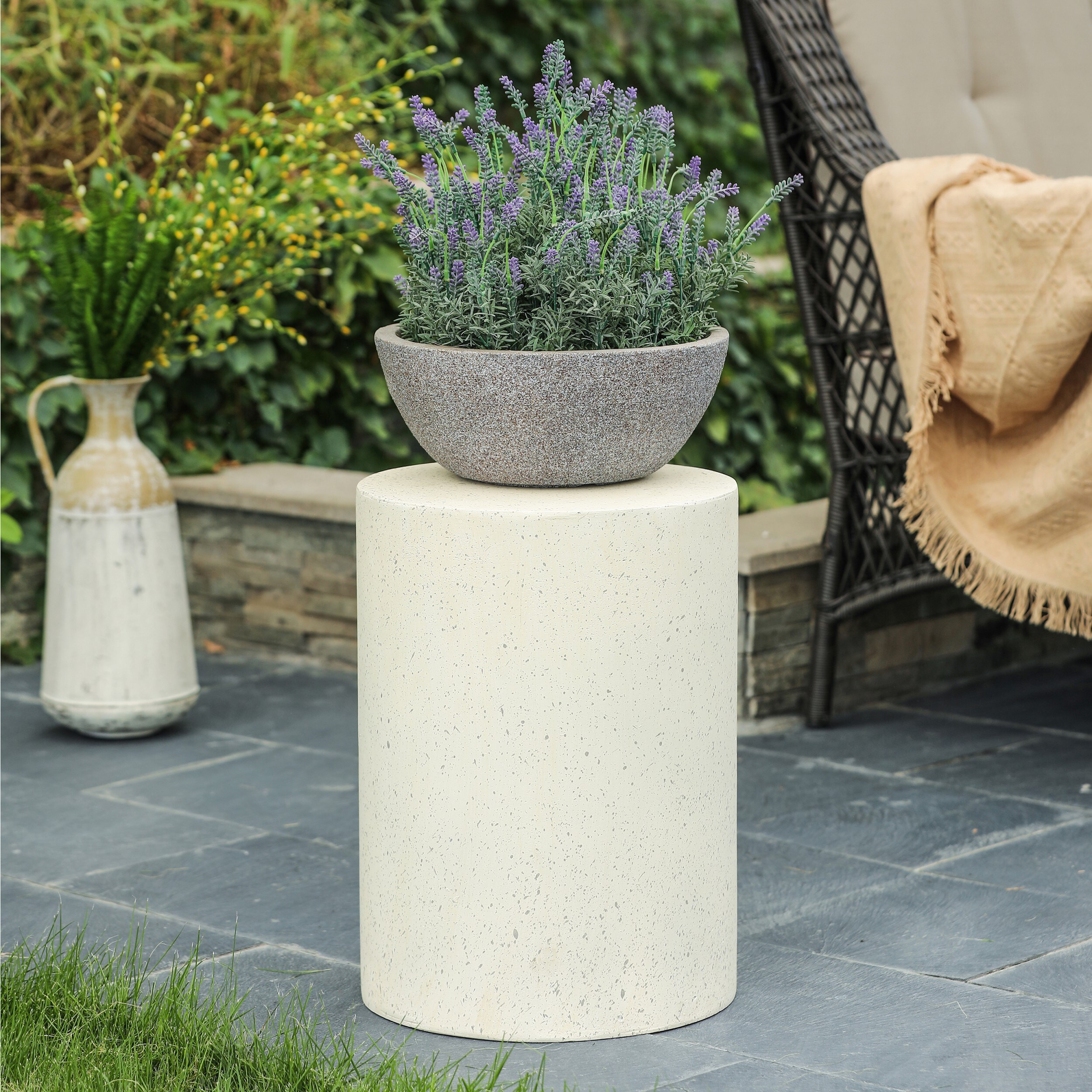 Off-White and Gray Speckled Cement Round Patio Side Table