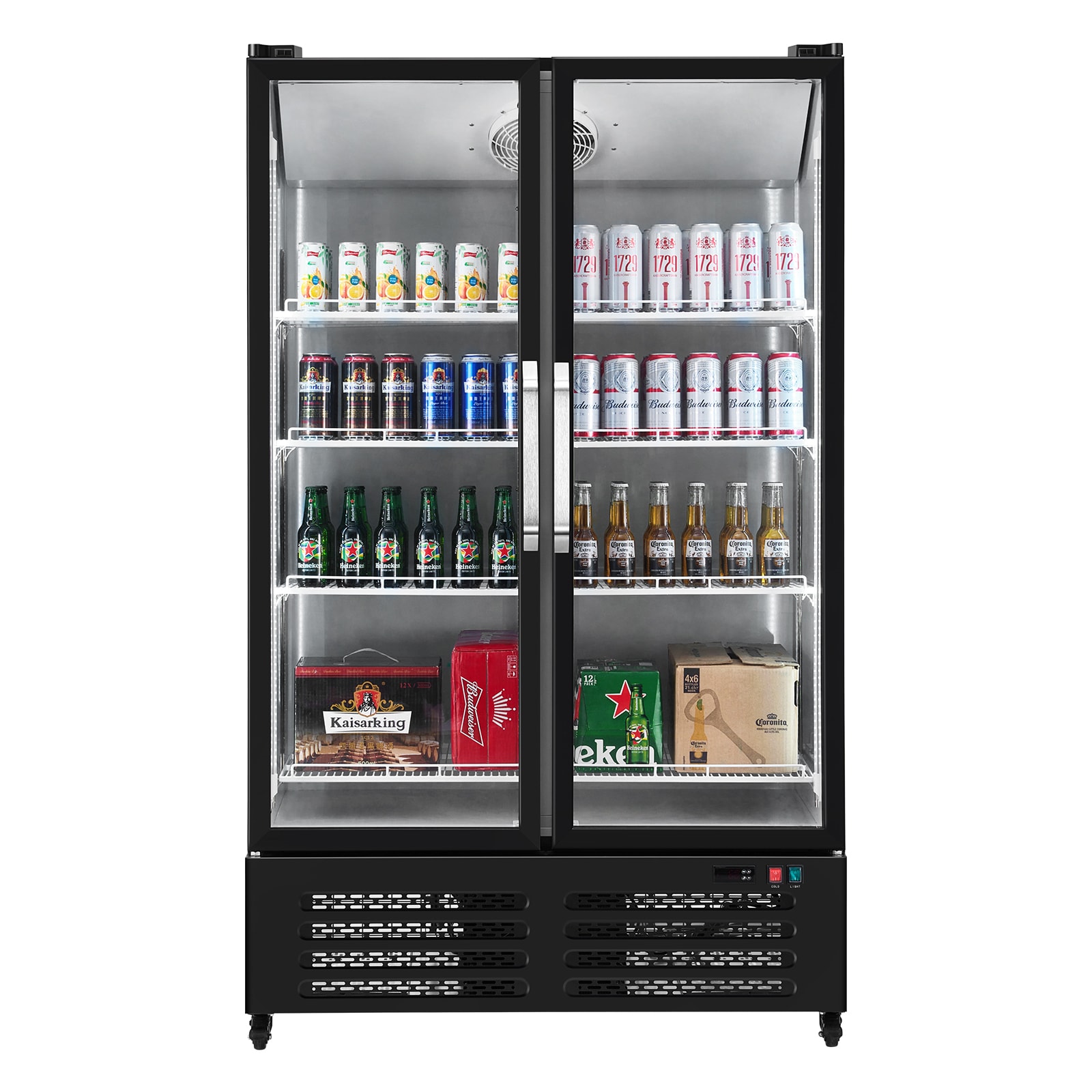 VEVOR SCSMBLMBXBDD06600V1 Commercial Merchandiser Refrigerator 26.69 CU.FT Double Glass Door Display Refrigerator Beverage Refrigerator Cooler Merchandiser with 8 Adjustable Shelves Casters Soft LED Light Black