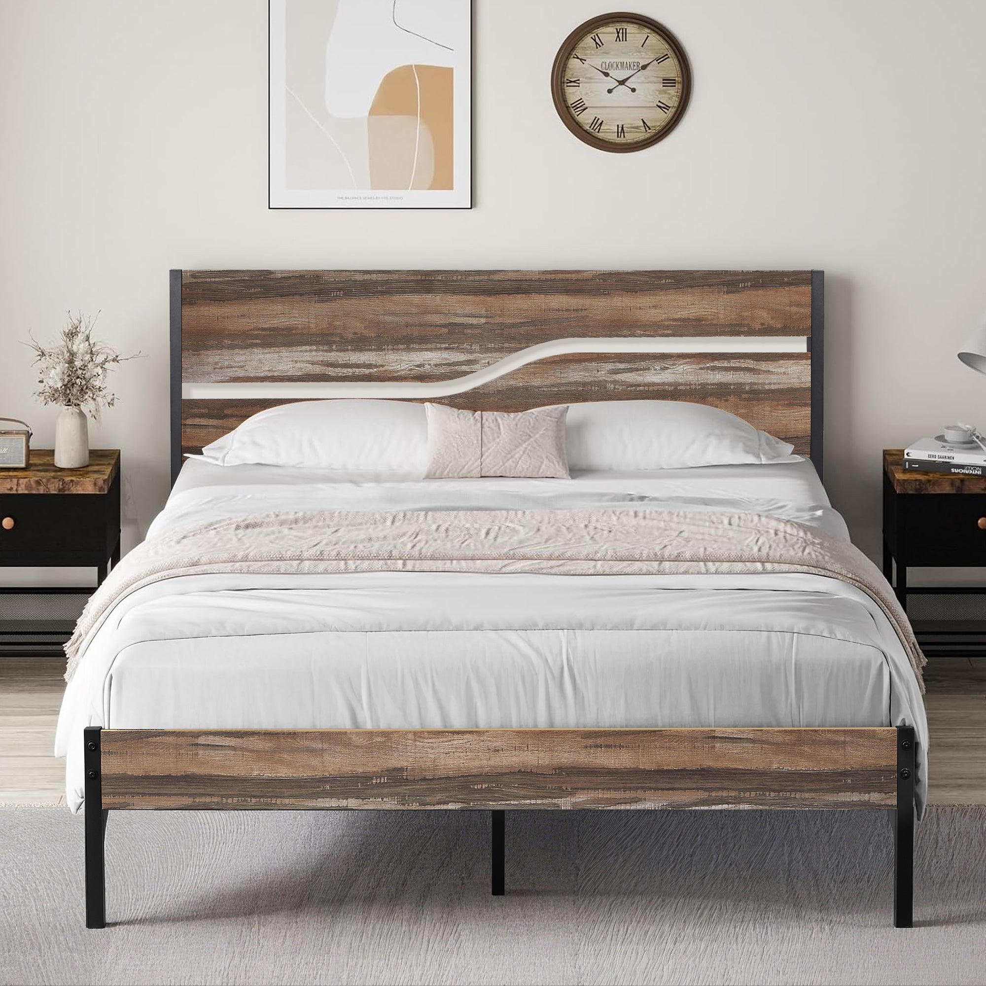 Vecelo LOE-BTJ-MBQ03-SLT Queen Size Metal Platform Bed Frame with Wooden Headboard Easy Assembly Slate Color