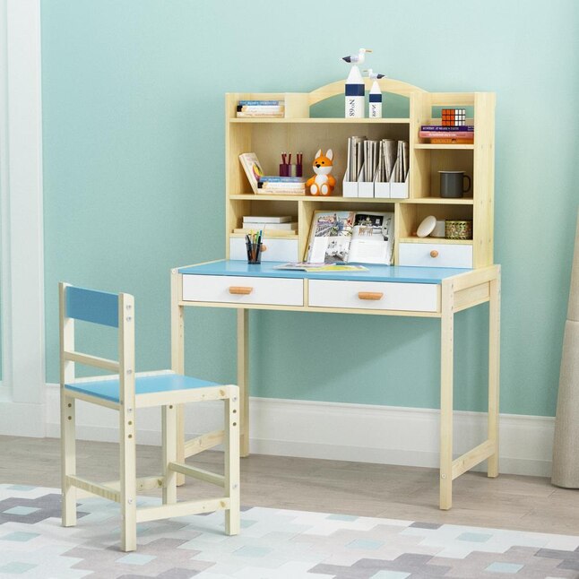 Kids Pine Writing Desk With Chair Hutch, Elegant Writing Desk With Drawers And Shelves