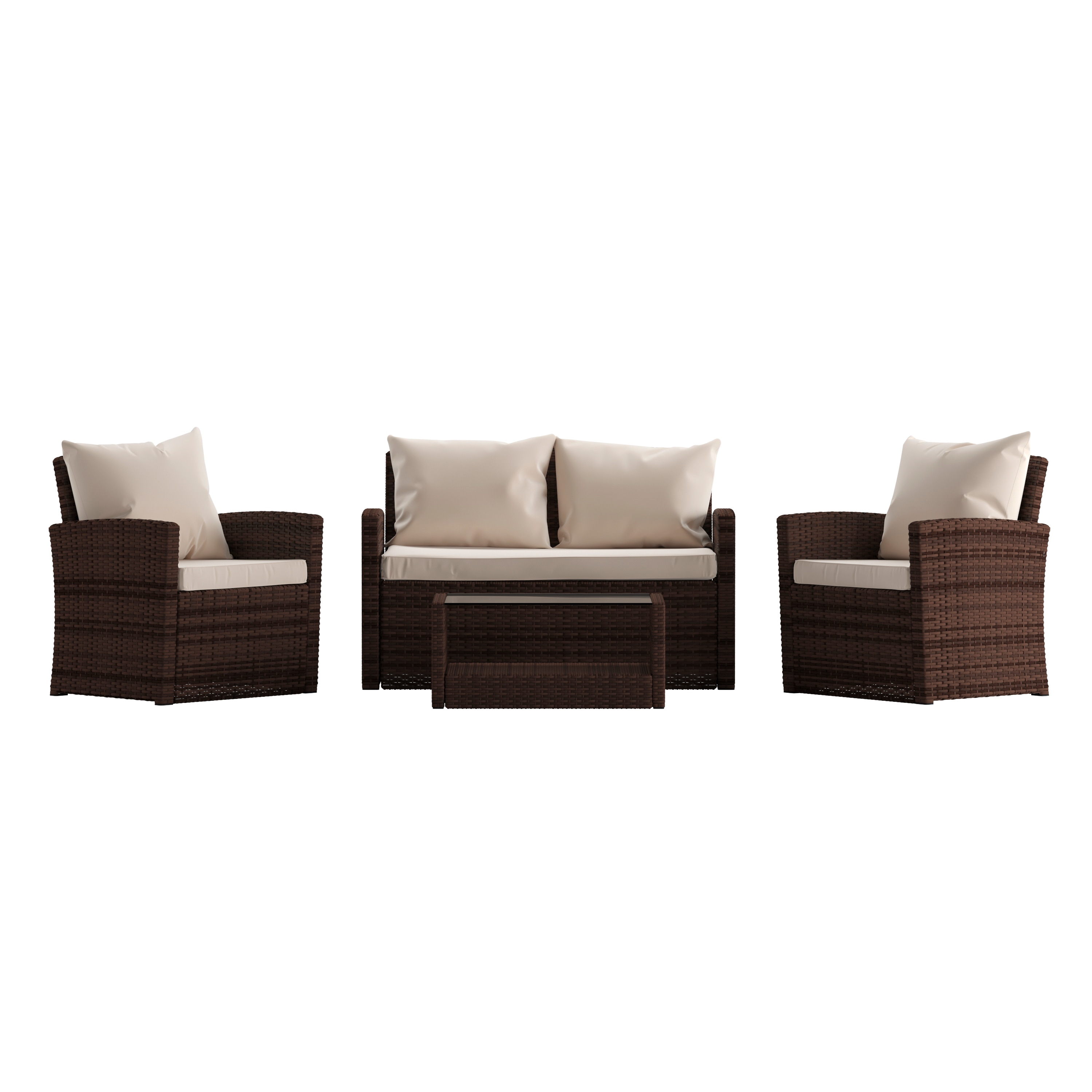 Brown and Beige 4-Piece Rattan Patio Set with Cushions