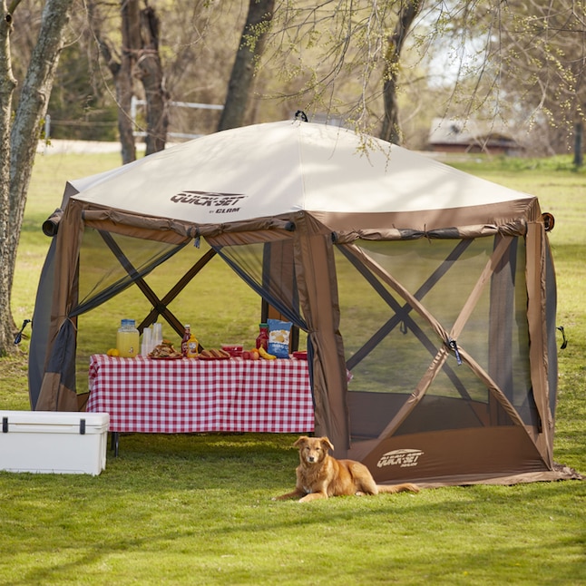 Clam Outdoors 12.5 ft. x 12.5 ft. Brown Pop Up Screen Tent with Floor Tarp Attachment UV Resistant Wind Resistant in the Tents department at Lowes