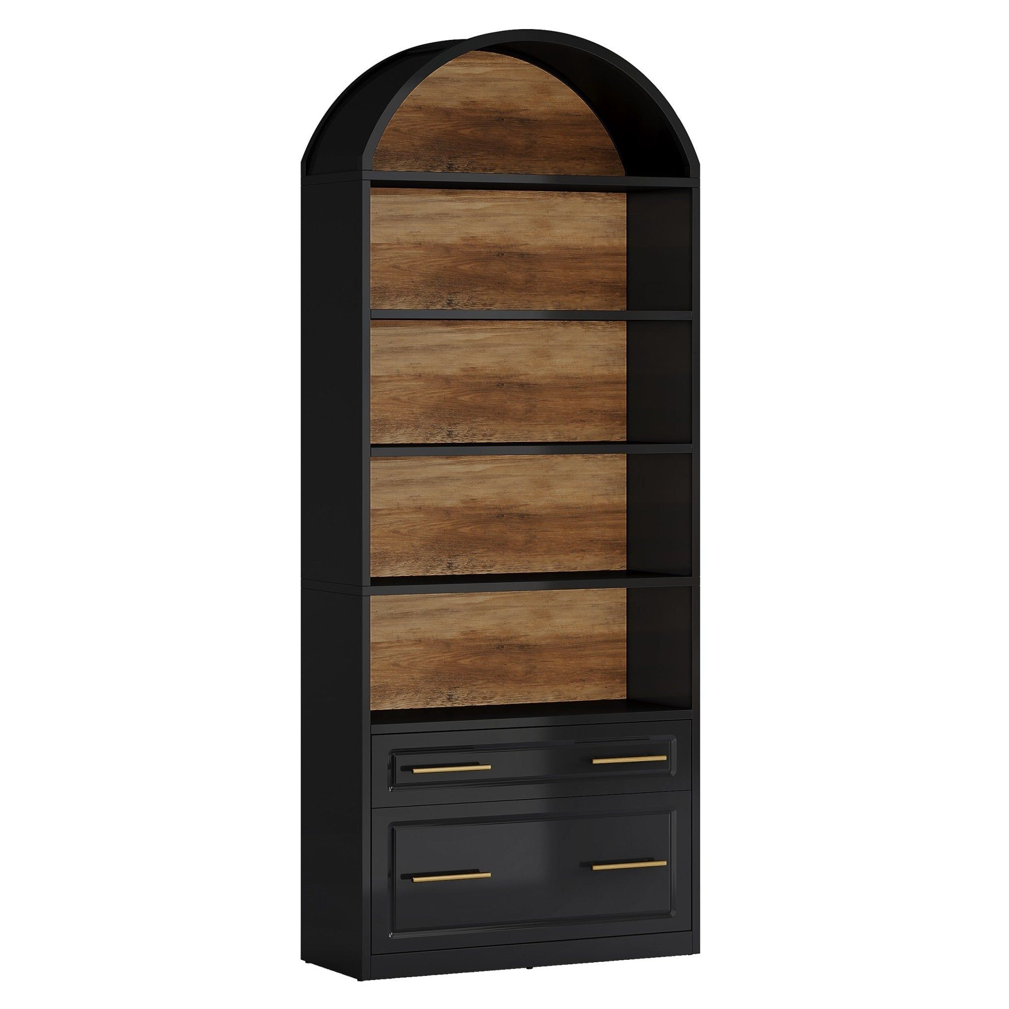 Slickblue - Engineered Wood 5-Shelf Arched Bookcase with Drawers for Home Office or Living Room (...