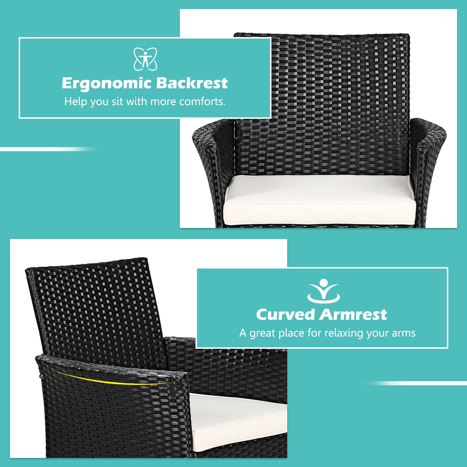 Black Wicker Outdoor Dining Chairs with Cushions, Set of 2