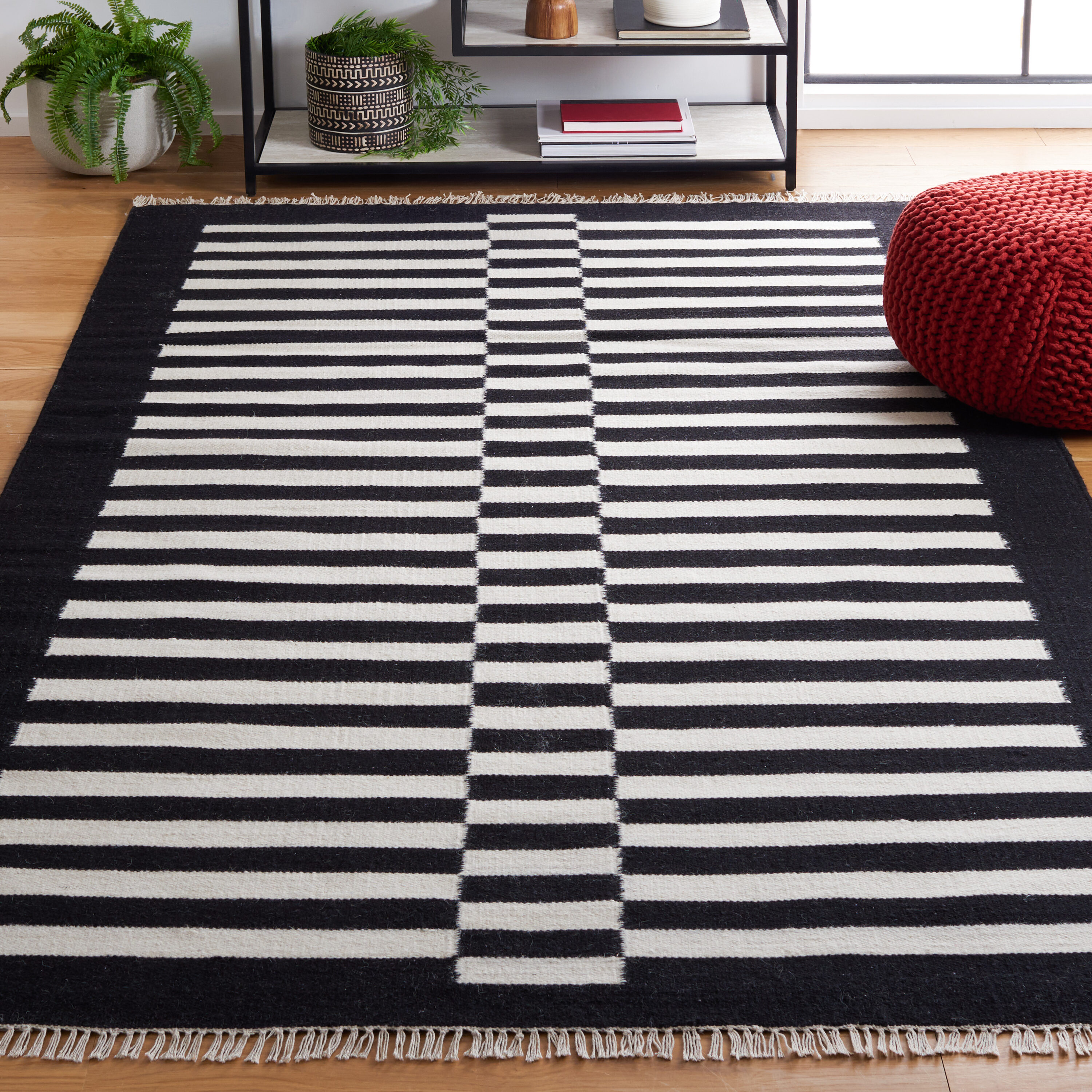  Striped Kilim 805 Black/Ivory Contemporary 4ft x 6ft Small Rectangle Rug