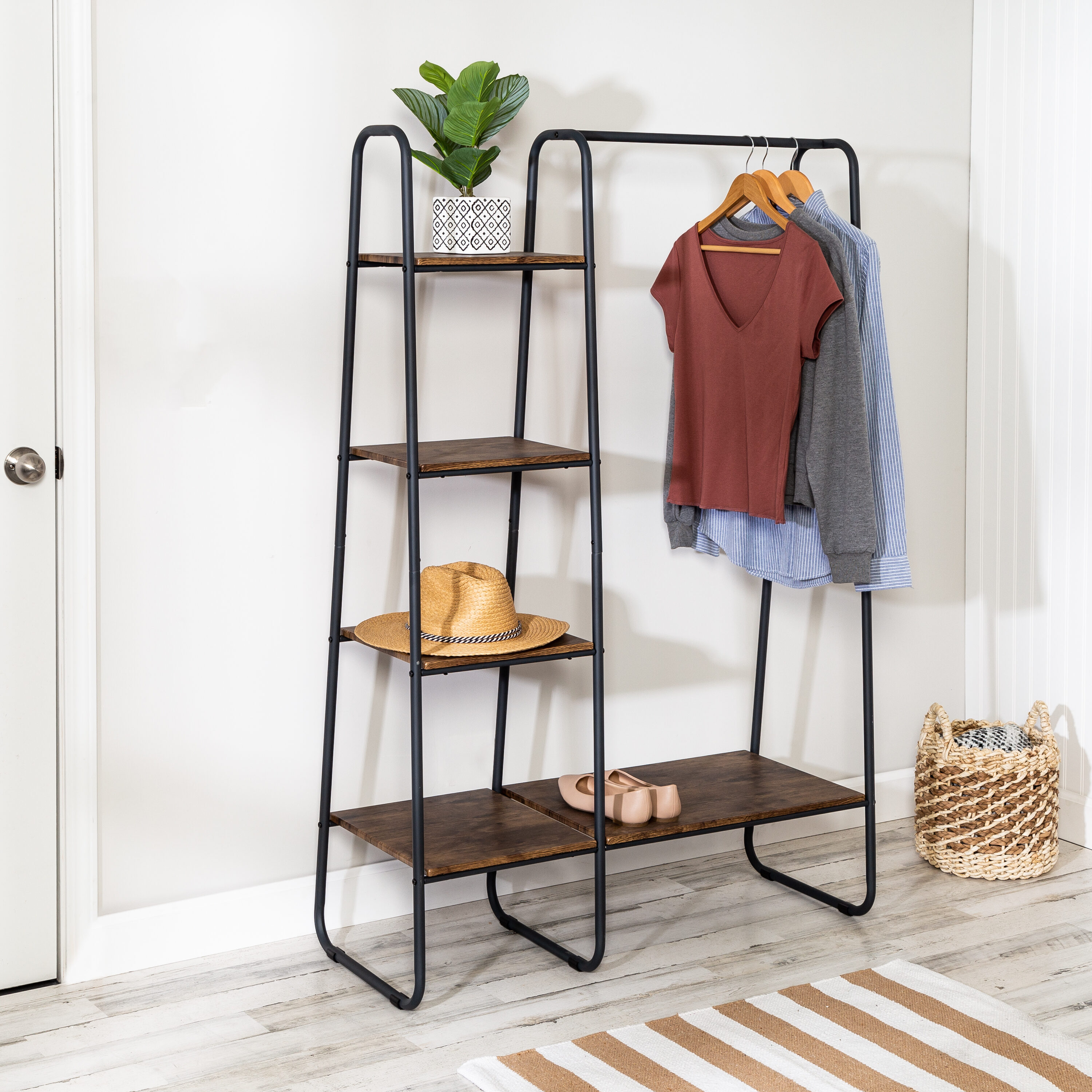 Honey-Can-Do Black Steel Clothing Rack with Shelves and Hanging Bar -  Freestanding Dress Rack, Coat Rack, Craft Fair Display - 16-in W x 39.4-in  D x 59.6-in H in the Clothing Racks