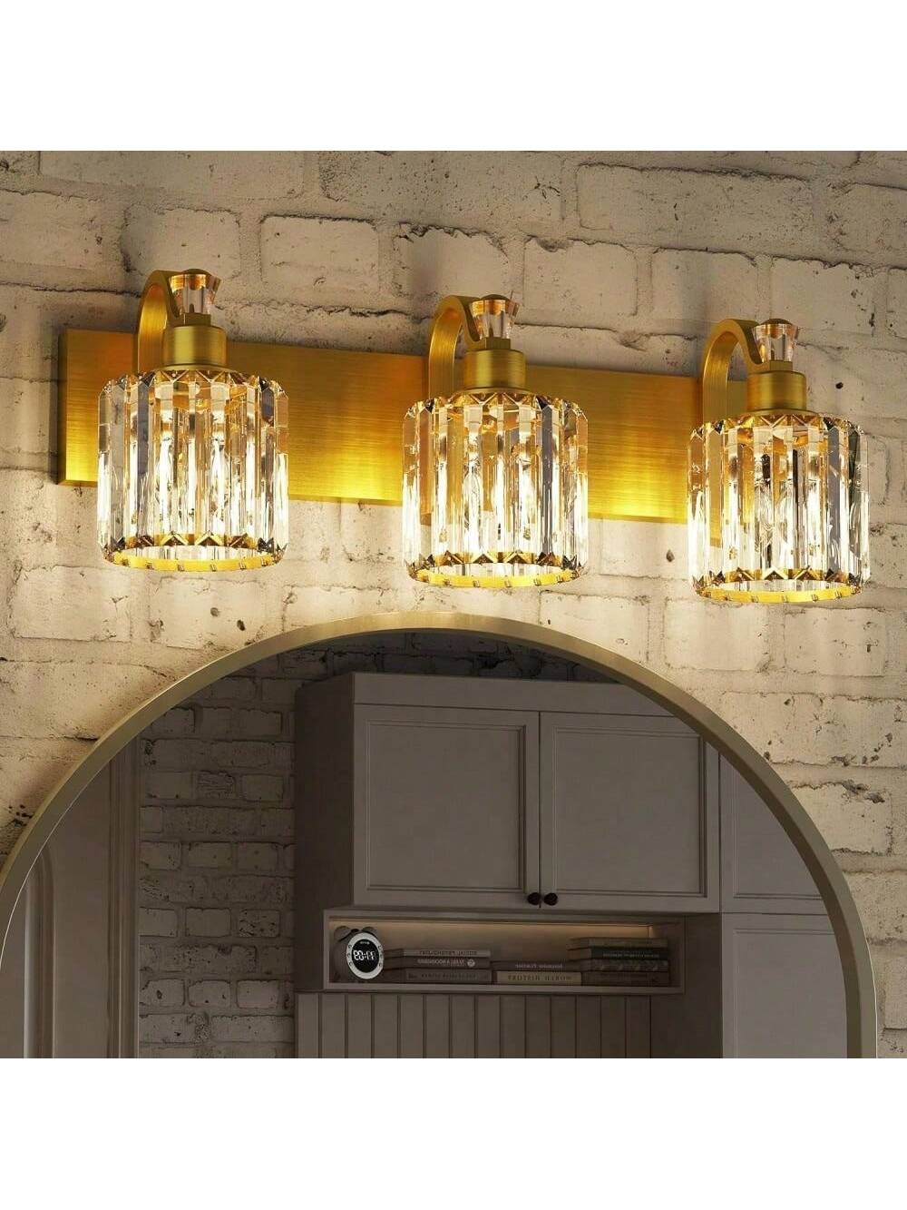 Qeetex PHO-1593M6BG-HF4 3 lamp gold modern crystal bathroom vanity lamp. bathroom mirror lamp crystal vanity mirror shower light. mirror glass crystal bathroom vanity lighting fixture. suitable for bathroom bedroom indoor lamps