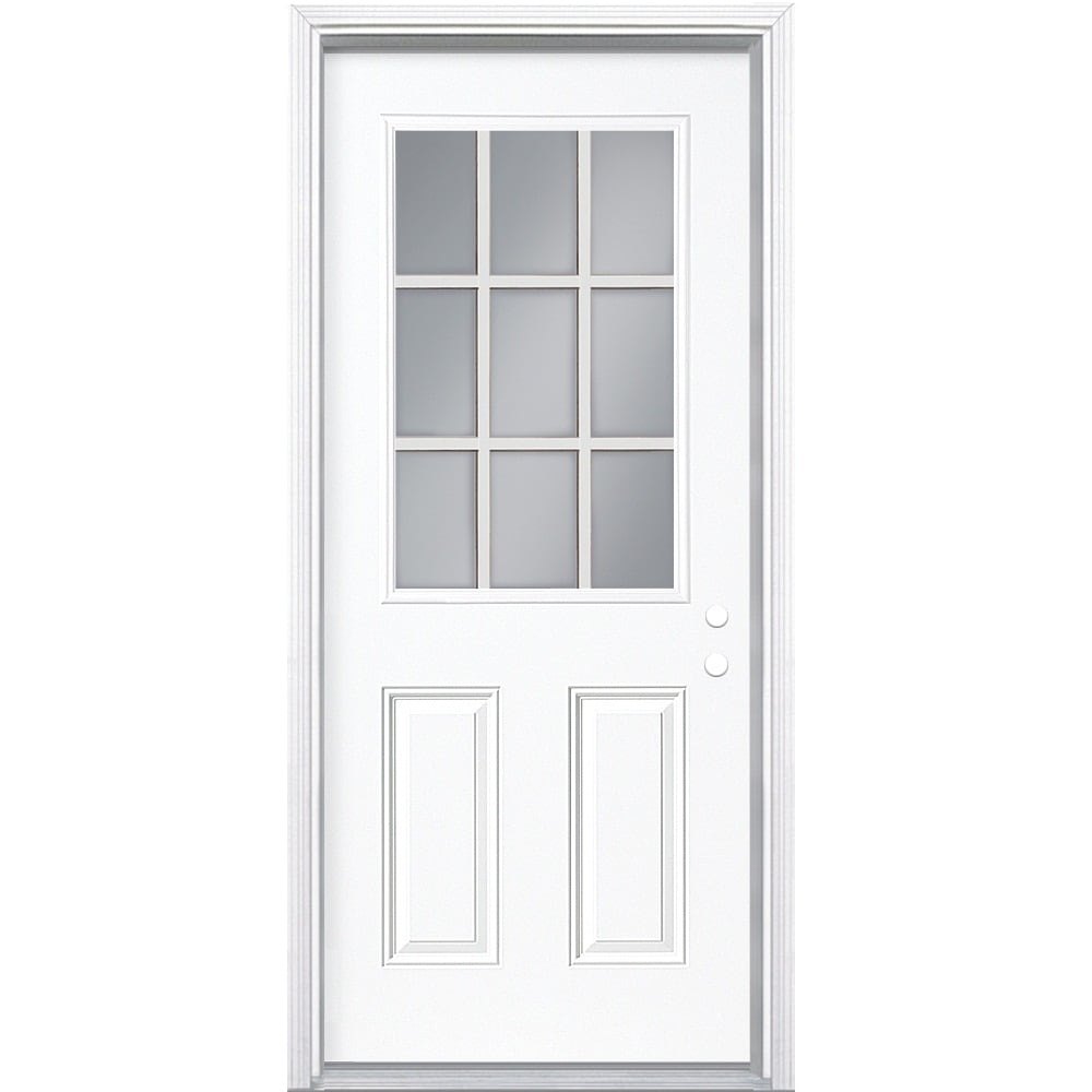 Masonite 32 in x 80 in x 4 9 16 in Steel Half Lite Left Hand Inswing Primed Prehung Front Door with Brickmould Insulating Core with Grilles