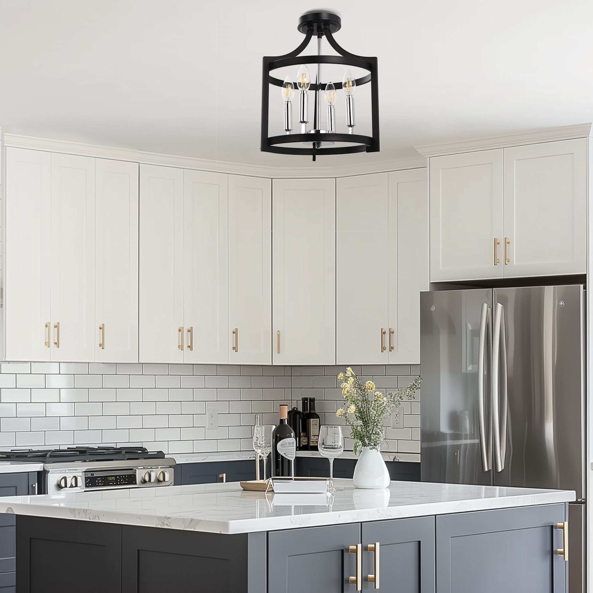 Black Metal 4-Light Adjustable Cage Chandelier