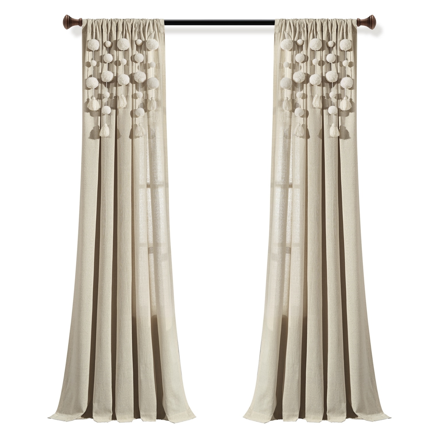 Boho Pom Pom Tassel Dark Linen Cotton Blend Window Curtain Panel