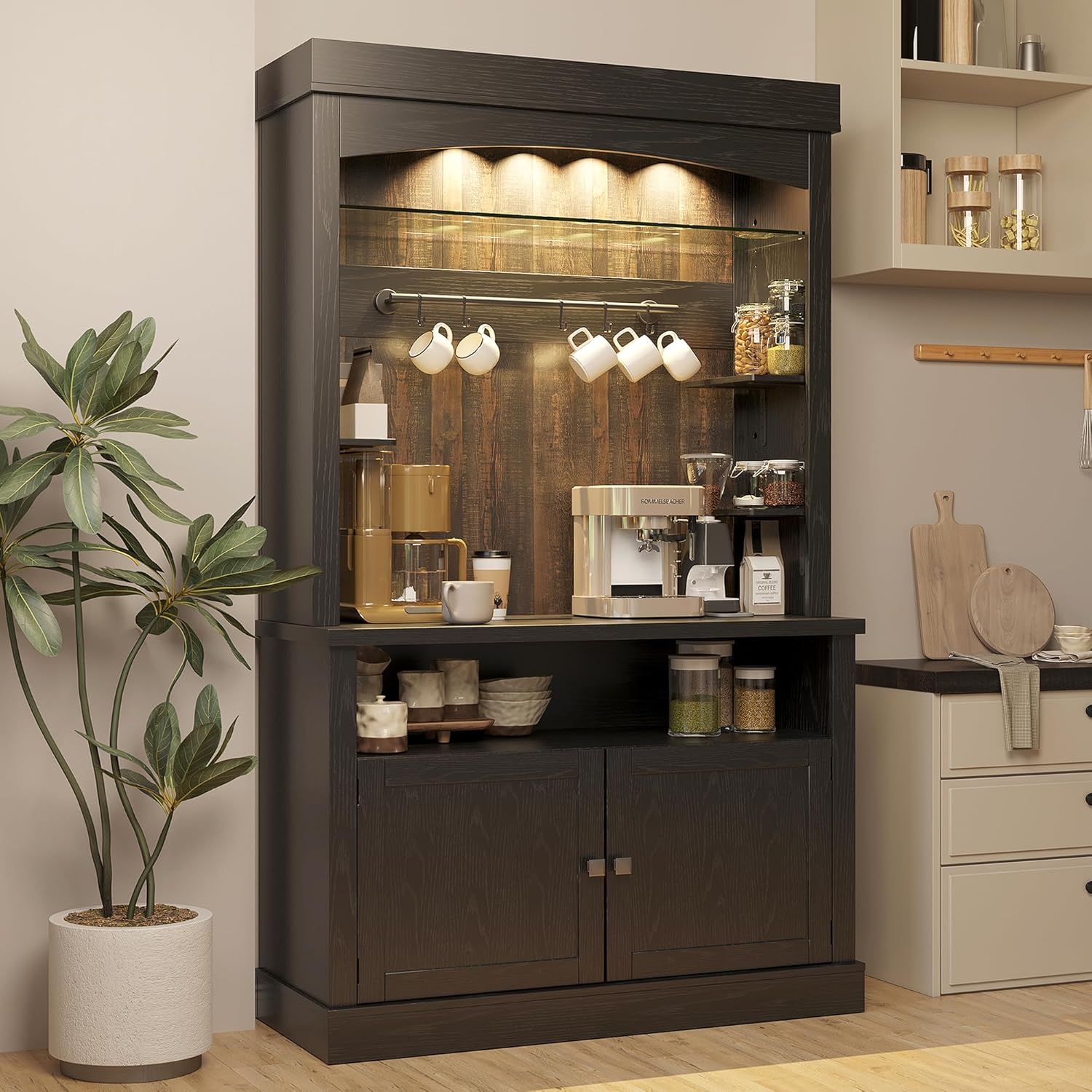 Garvee - Coffee Bar Cabinet with LED Lights 72 Inch Tall Buffet Cabinet with Storage Farmhouse Ki...