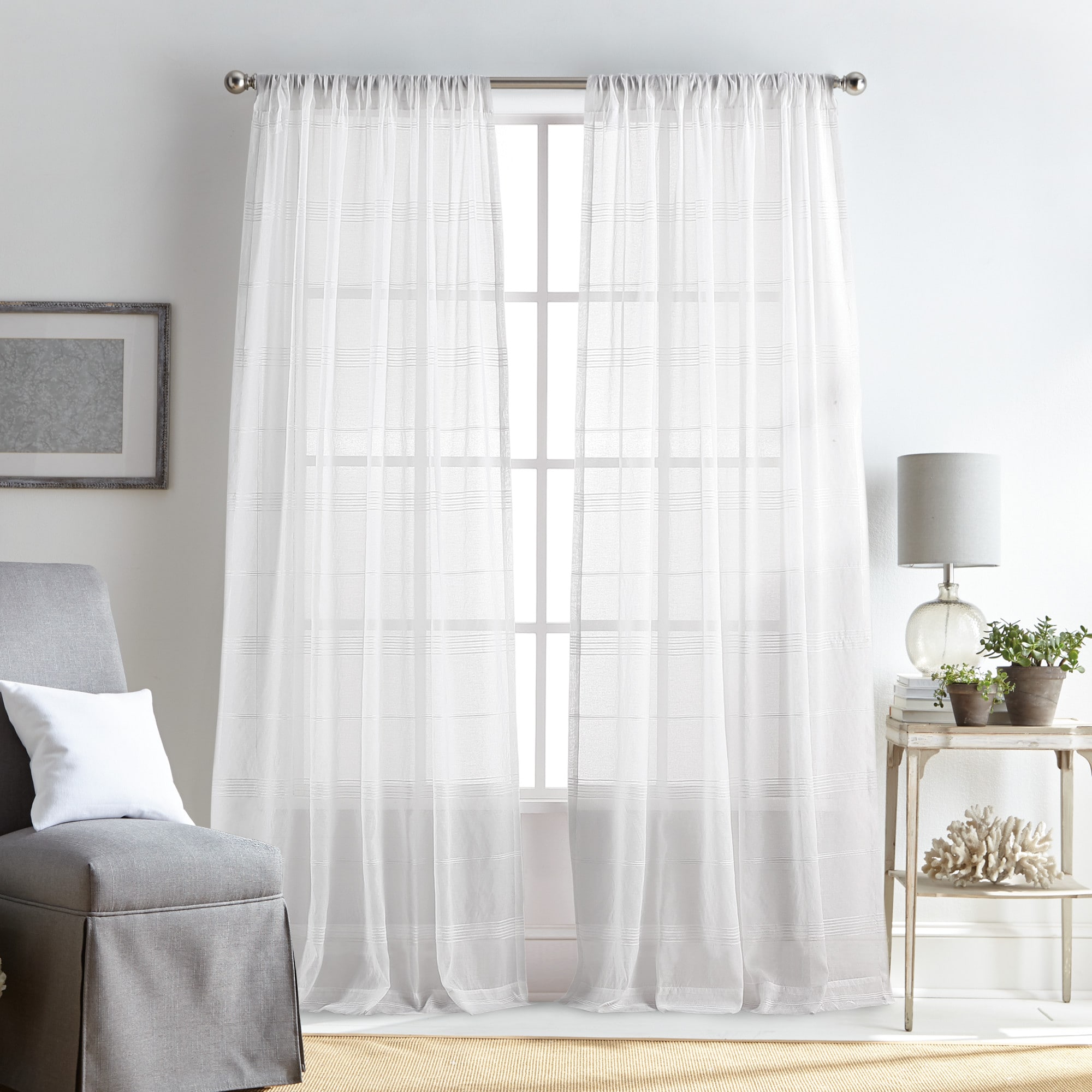 Martha Stewart 95-in White Striped Sheer Rod Pocket Curtain Panel Pair ...