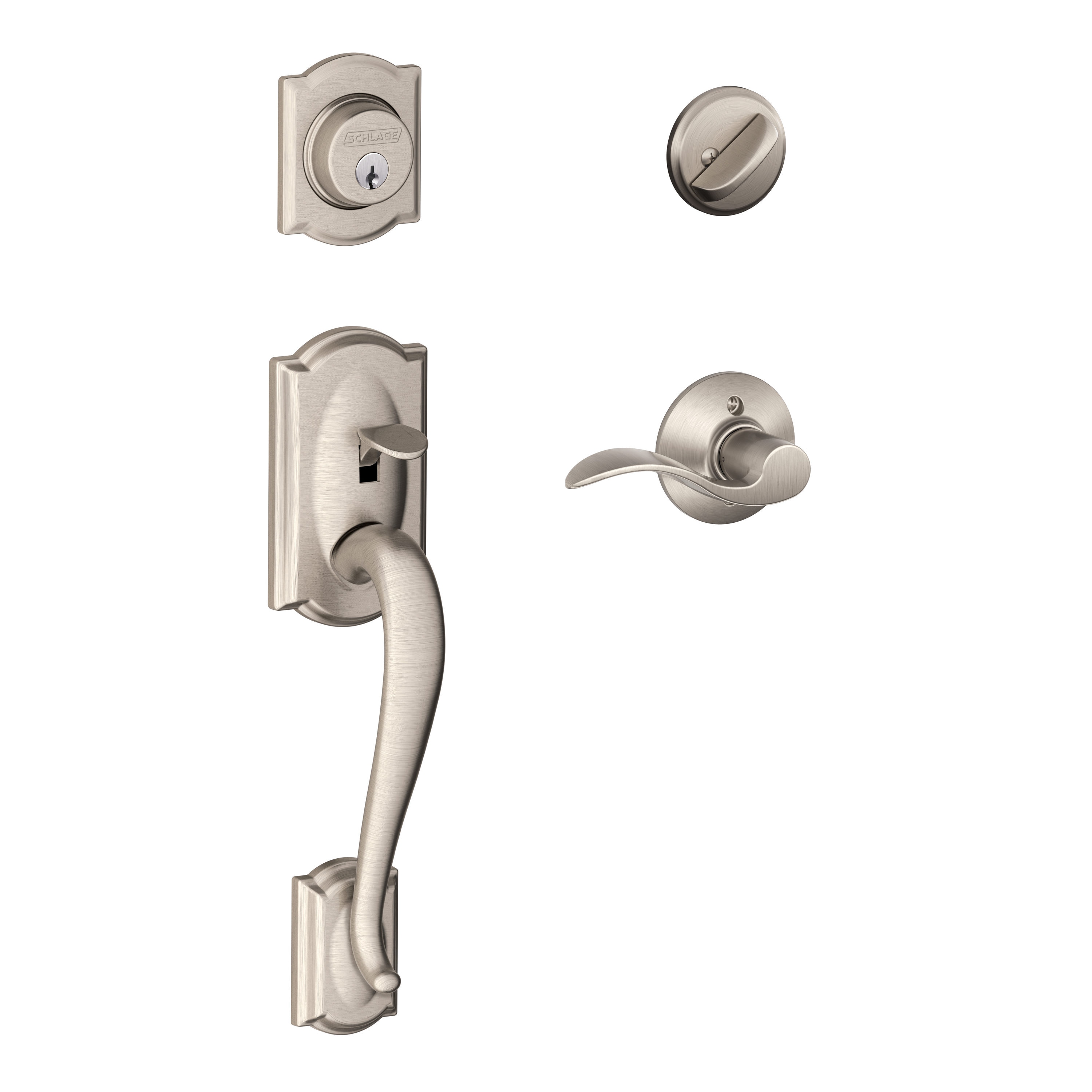 Schlage Camelot Satin Nickel Single-Cylinder Deadbolt Keyed Entry Door  Handleset with Accent Lever in the Handlesets department at