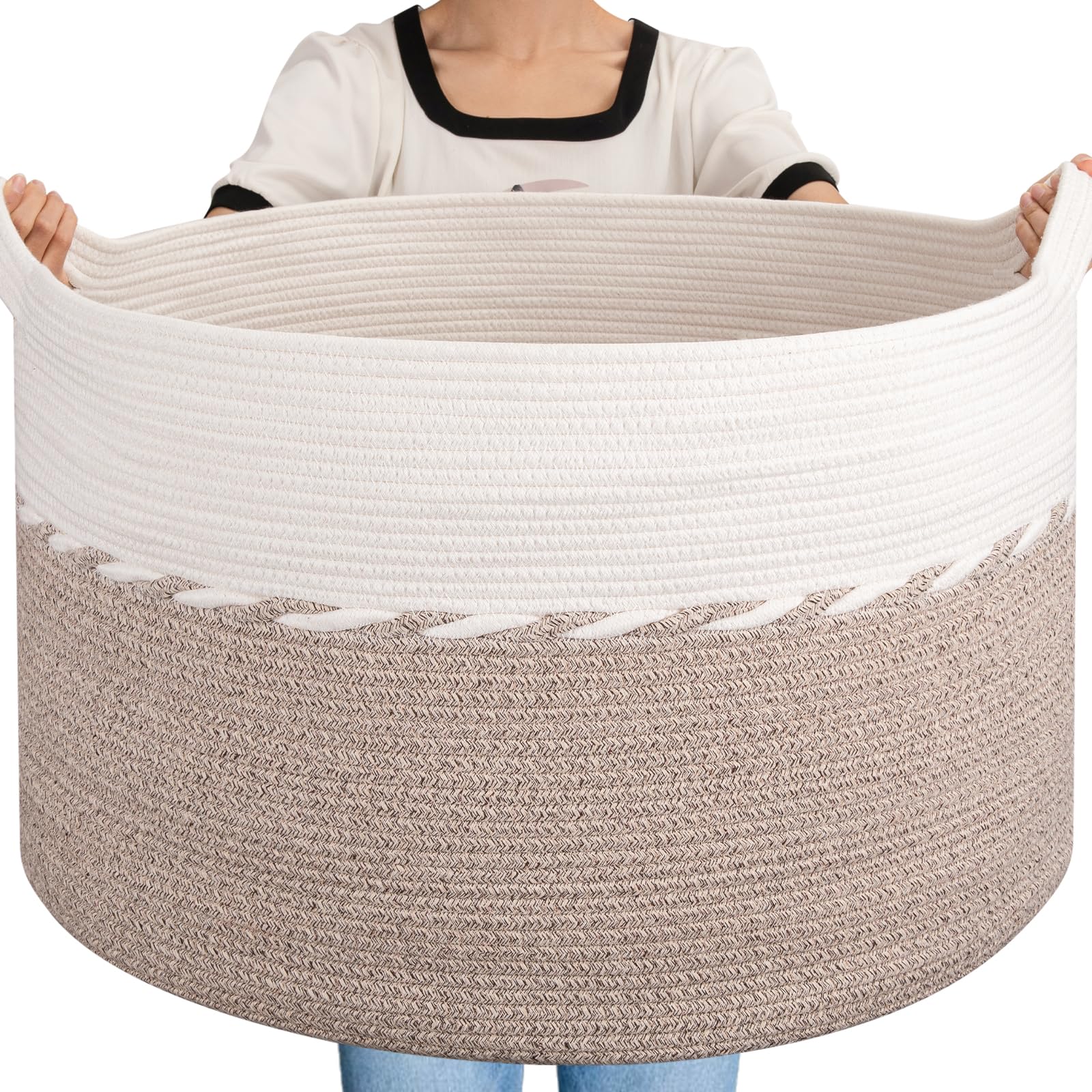 KIWDZFU  125L Extra Large Blanket Basket 25 x 16 Jumbo Laundry Hamper Cotton Rope Basket with Handles for Living Room Baby Toy Storage Bins Brown