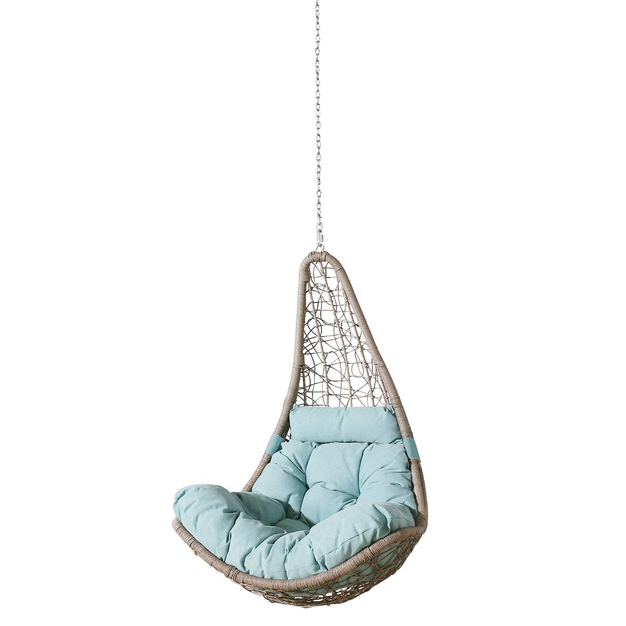 Wicker Hanging Chair Wicker Black Metal Frame Hanging Egg Chair with Blue Olefin Cushioned Seat | - PEAK HOME FURNISHINGS 970254T