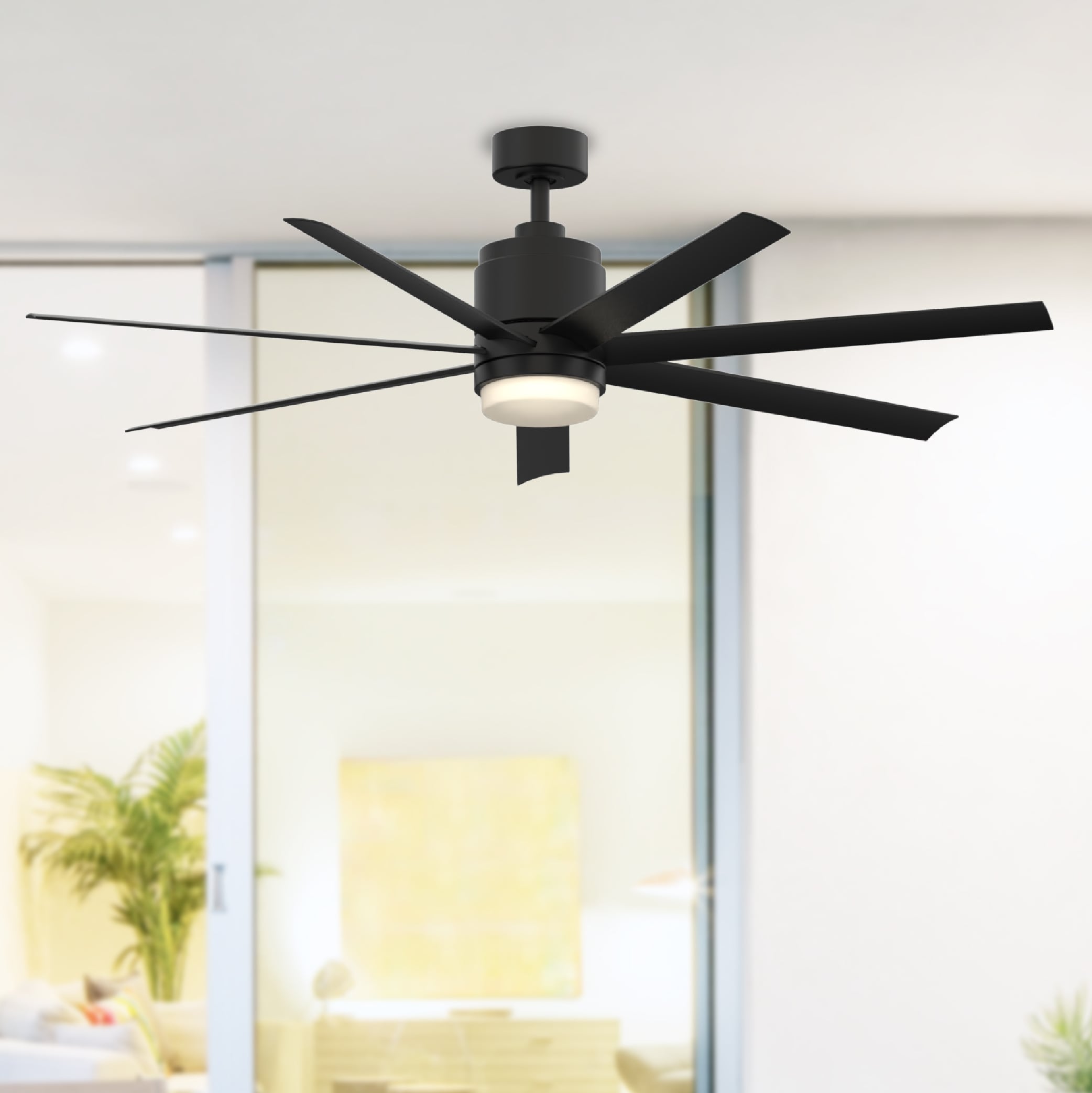 Fanimation Studio Collection LP8377LBL Blitz 56-in Integrated LED Outdoor Black with Black Blades Ceiling Fan With Light and Remote ( 7 -Blade )