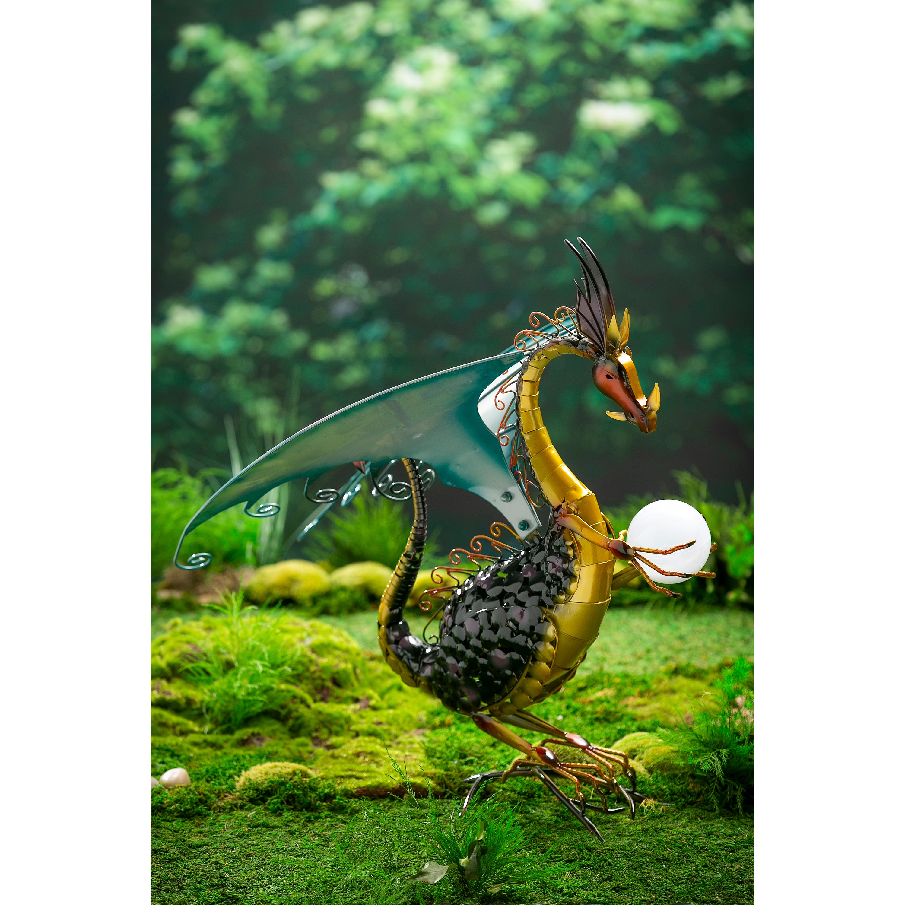 Majestic Black and Gold Metal Dragon Garden Statue with Solar Globe