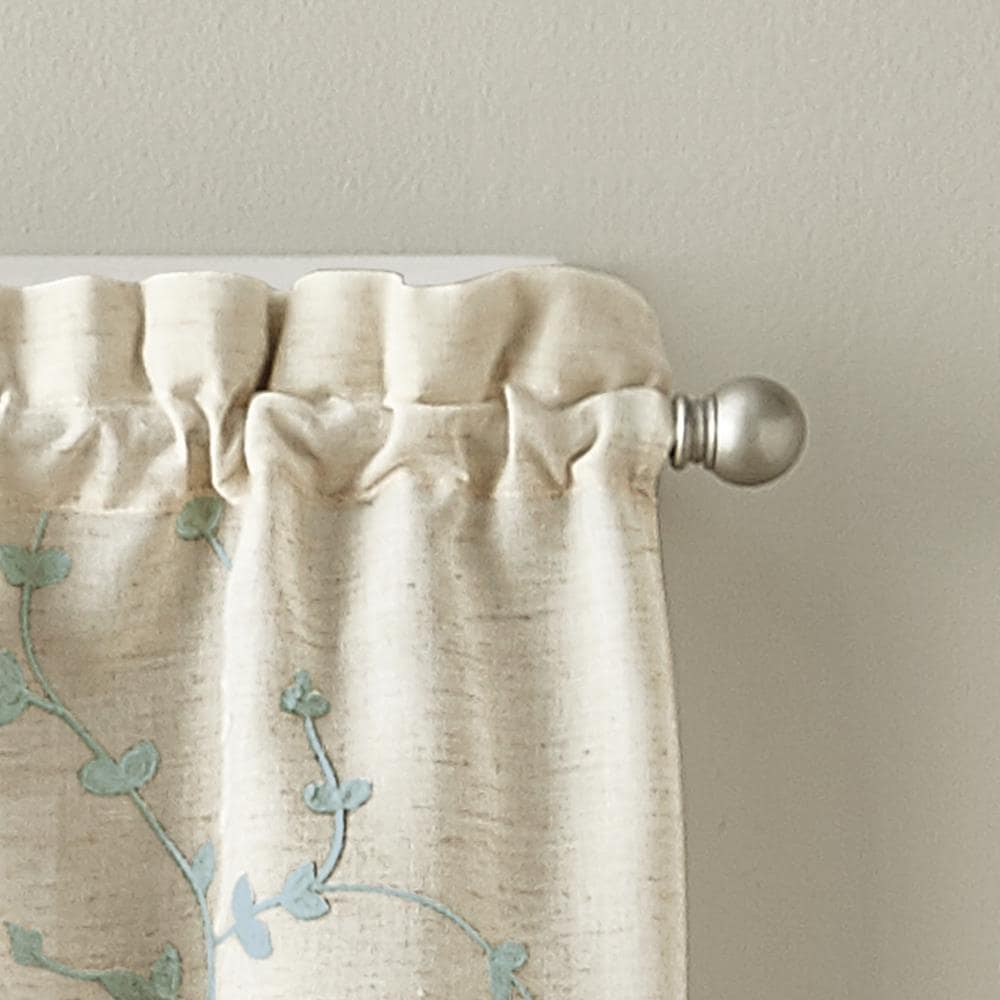 Aqua Floral Embroidered Linen Blend Rod Pocket Valance